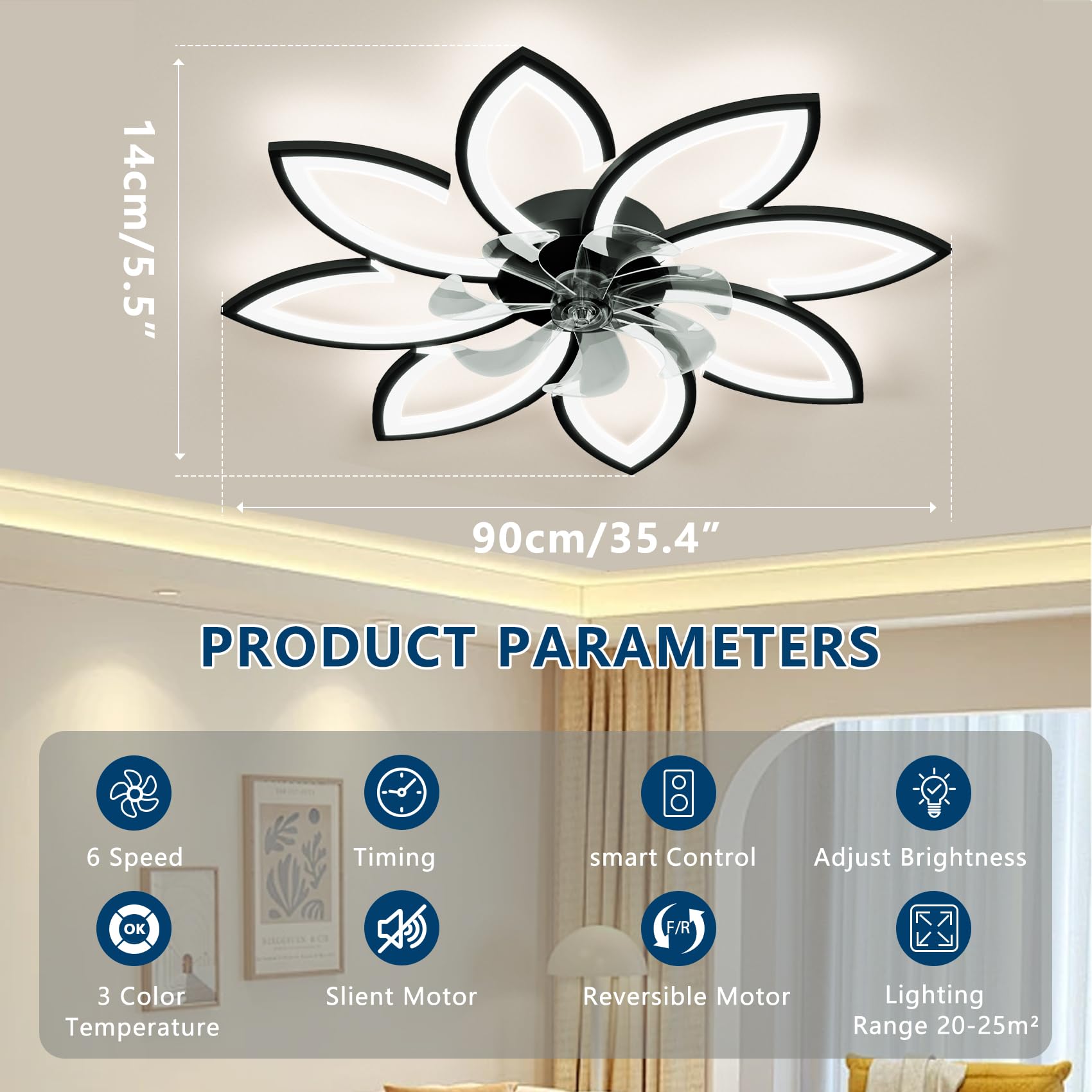 Spevch 35'' Ceiling Fans With Lights, Modern Ceiling Fan With Lights With Remote, Low Profile Ceiling Fan, 6 Speed Flush Mount C