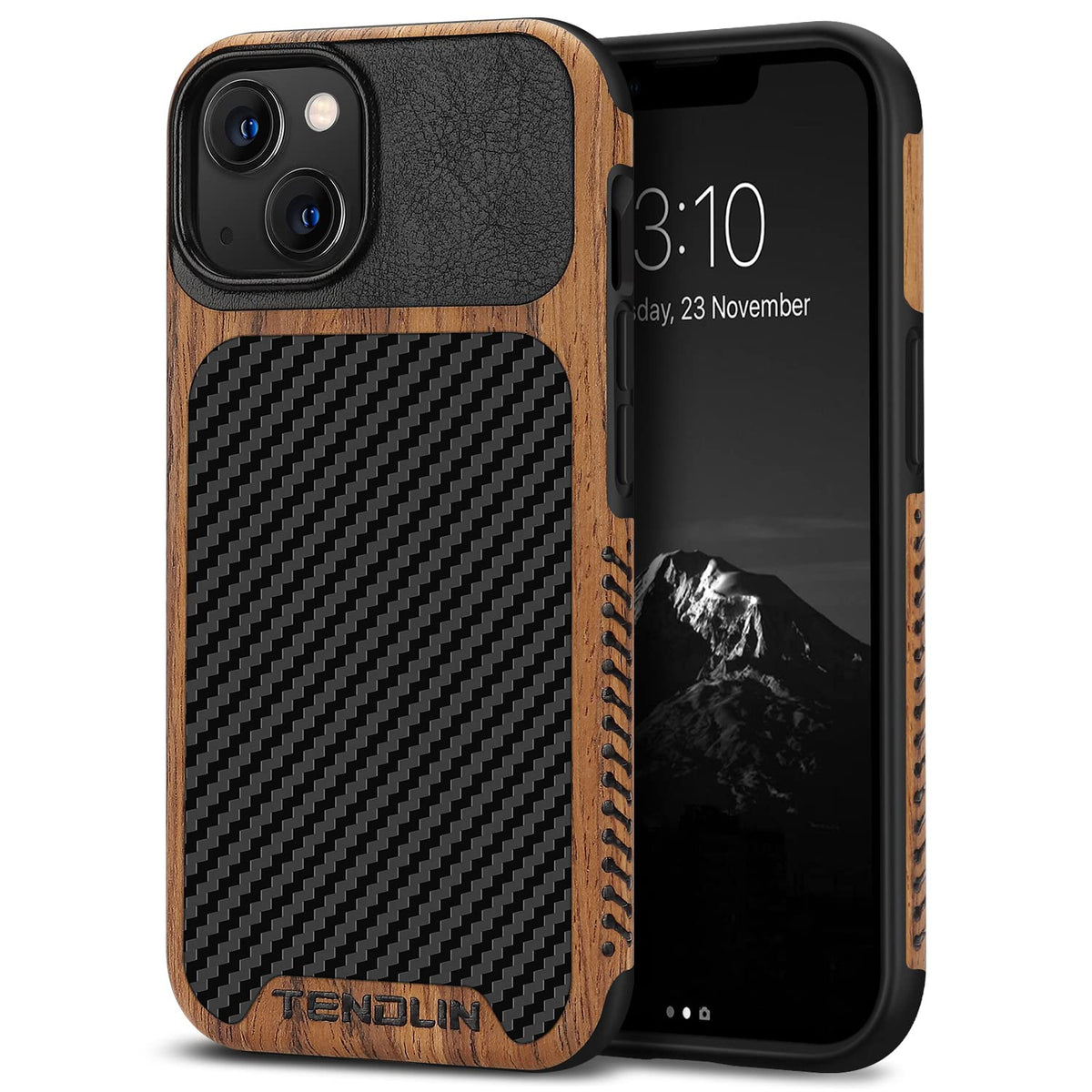 Tendlin Compatible With Iphone 13 Mini Case Wood Grain With Carbon Fiber Texture Design Leather Hybrid Case Compatible For Iphon