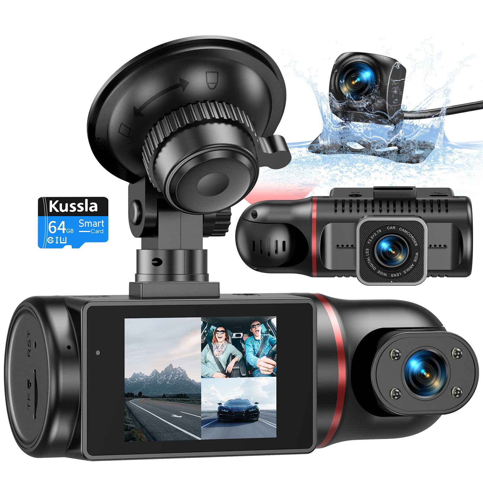 Kussla 3 Channel Dash Cam Front And Rear Inside, 1080P Dash Camera For Cars With 64Gb Card, Super Night Vision Dashcam, Car Came