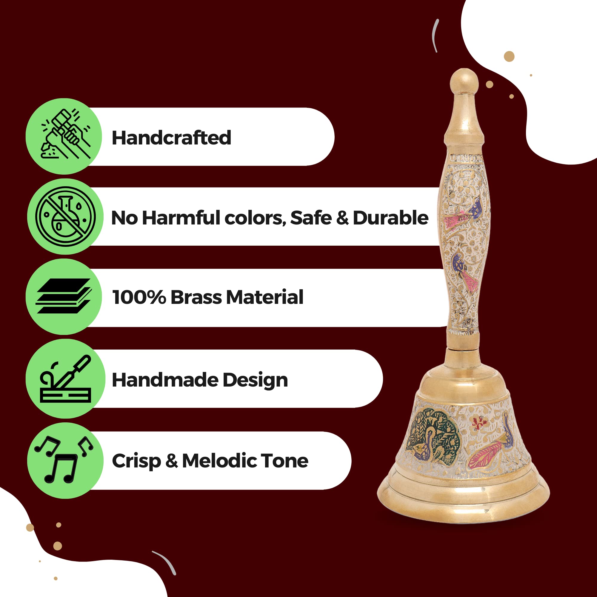 Hashcart Brass Hand Bell Call Bell | Puja Bell For Mandir | Indian Pooja Ghanti For Temples Diwali Decorations | Christmas Bells