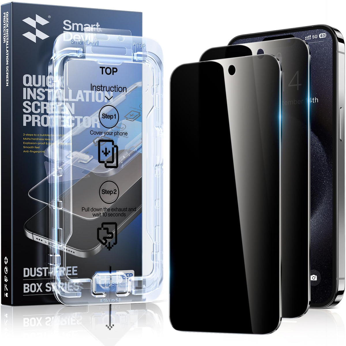 Smartdevil 2Pack For Iphone 15 Screen Protector Privacy, 9H Top-Shatterproof [Military Grade Protection ] Anti-Spy Privacy Glass