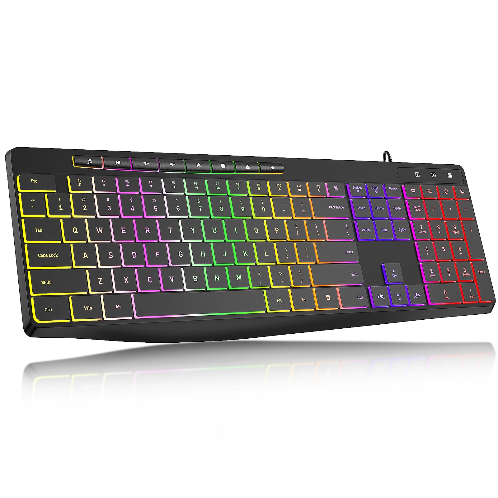 Computer Keyboard Wired,7 Color Rainbow Led Backlit, Quiet Light Up Keyboard With Multimedia Keys,Low Profile Chiclet Keys,Large