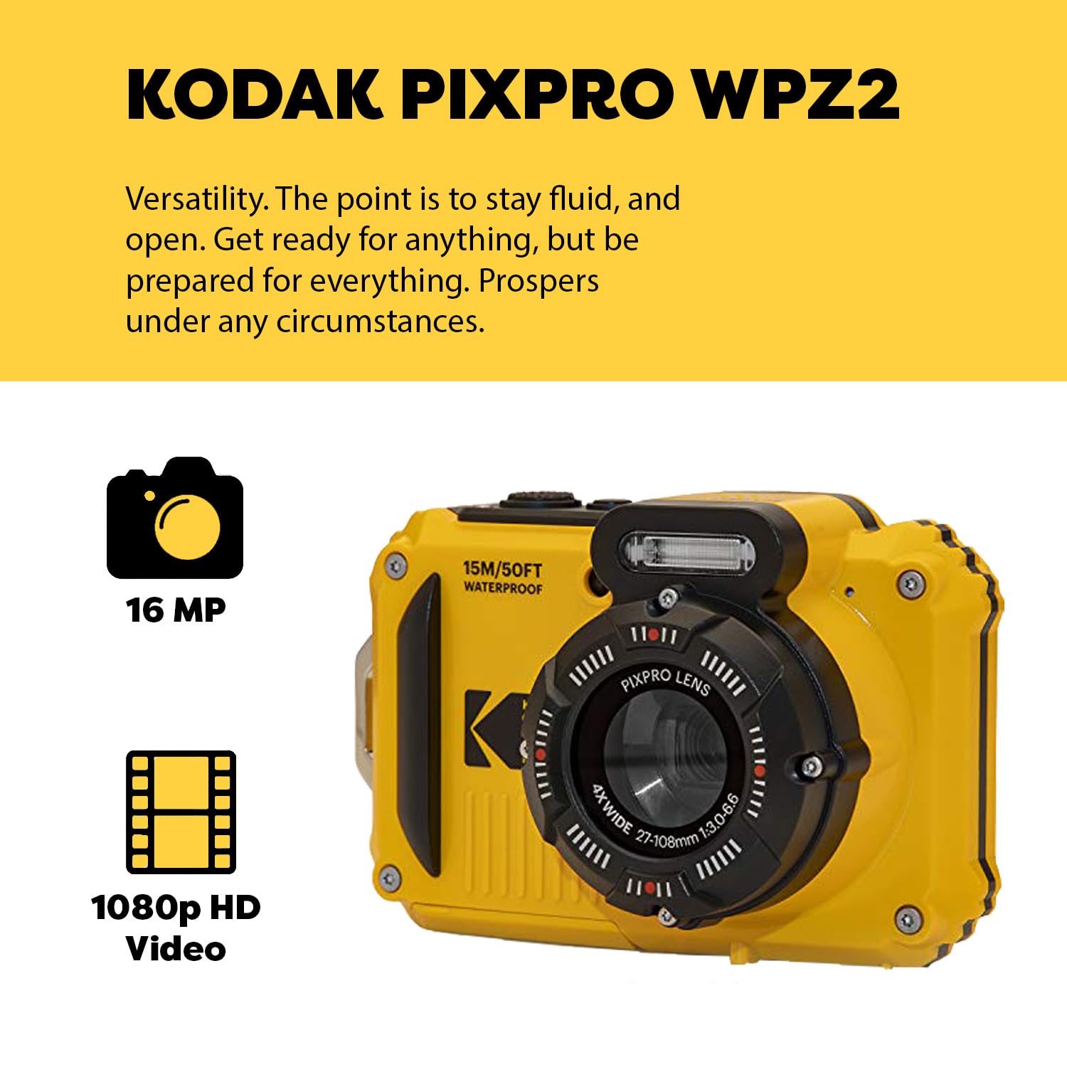 Kodak Pixpro Wpz2 Rugged Waterproof Shockproof Digital Camera 16Mp 4X Optical Zoom 1080P Full Hd Video, 2.7 Lcd (Yellow), 32Gb Sd Card, Black Compact Camera Case, Floating Strap, Bundle (7 Items)