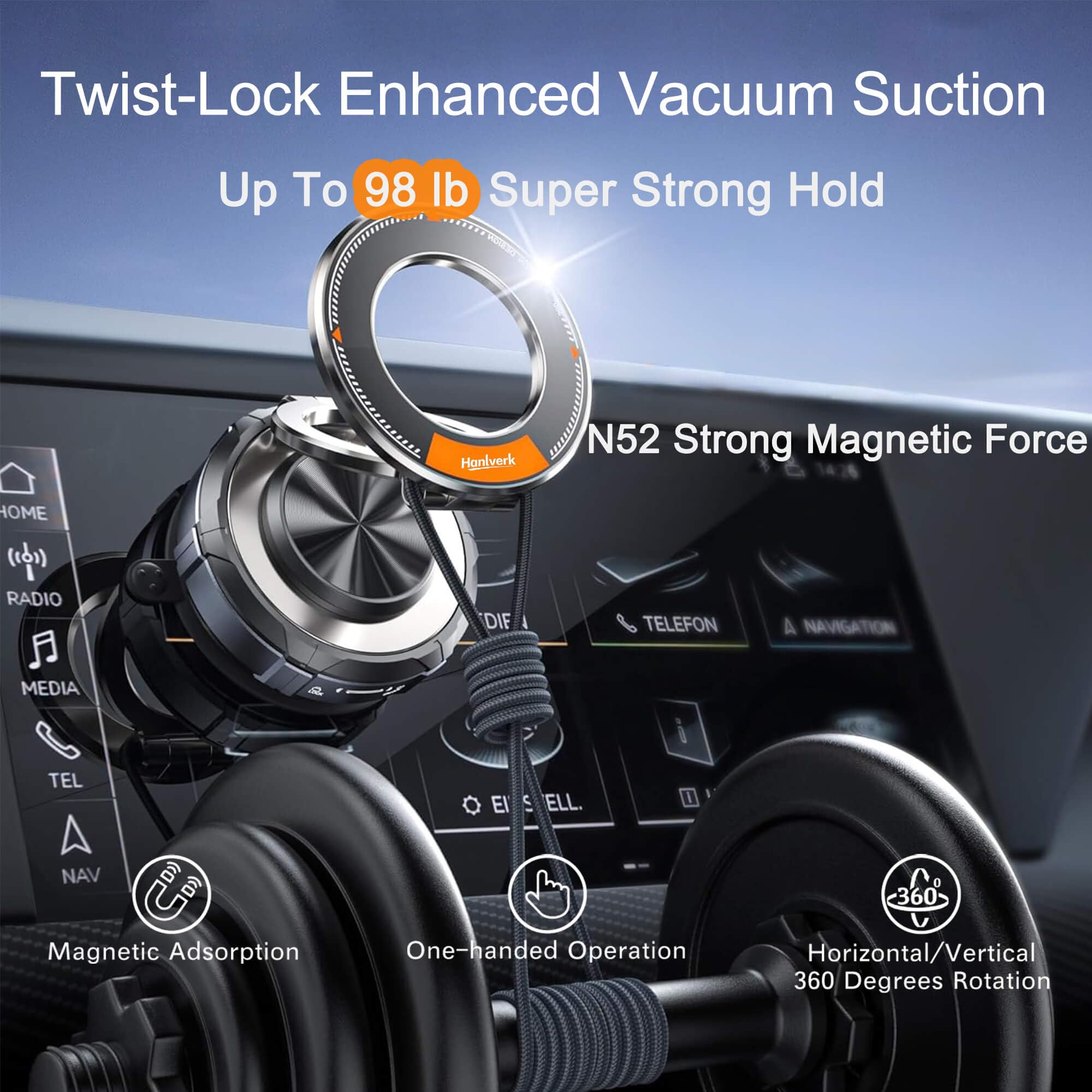 Magnetic Phone Holder, Car Mount For Magsafe, Enhanced Vacuum Suction Cup, Strong N52 Magnets, 360 Adjustable, Cell Phone Access