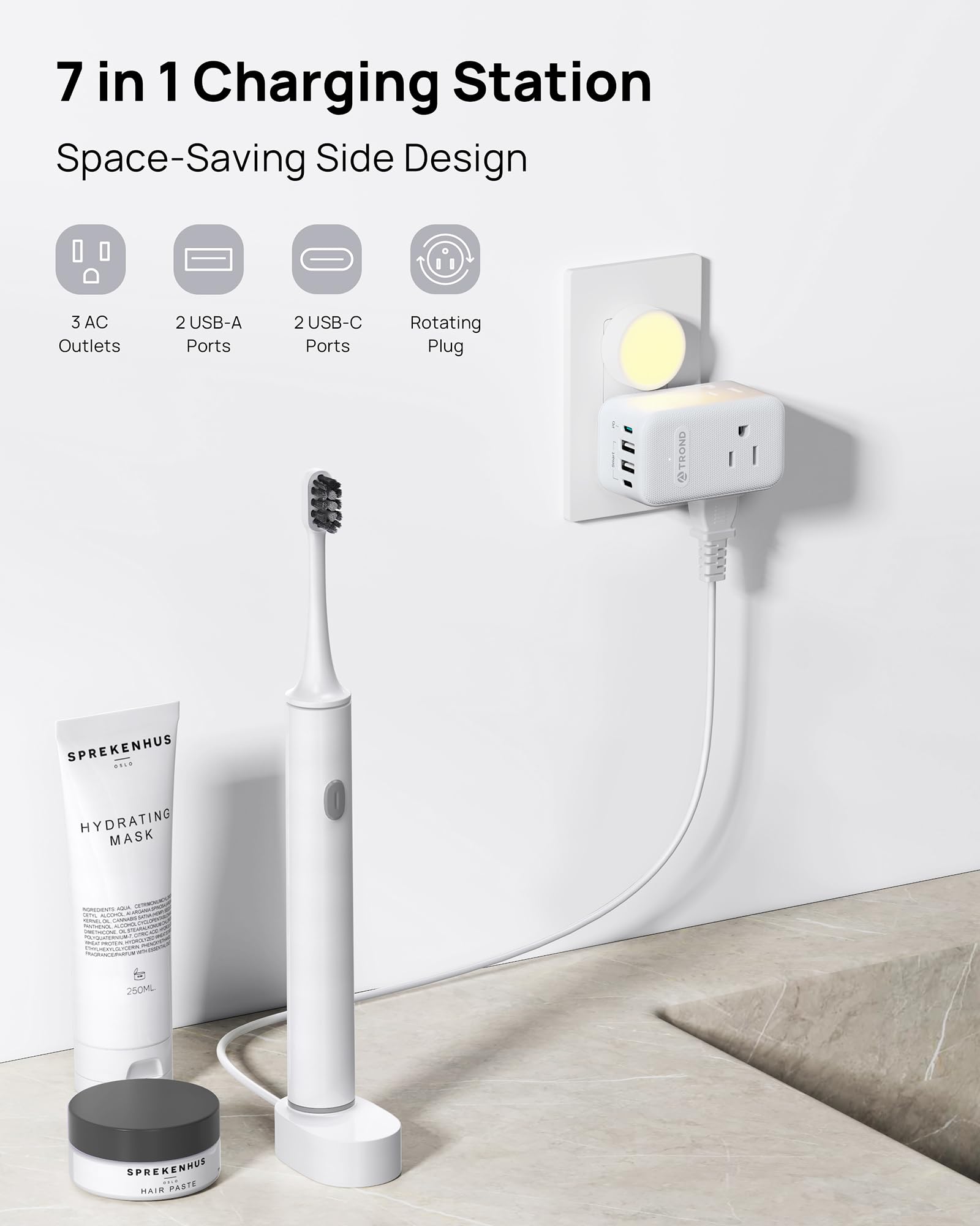 Trond Outlet Extender With 360 Rotating Plug, 3 Ac Outlet Splitter With Pd 20W Usb C Charger, Usb Wall Plug Adapter, A Small Cha