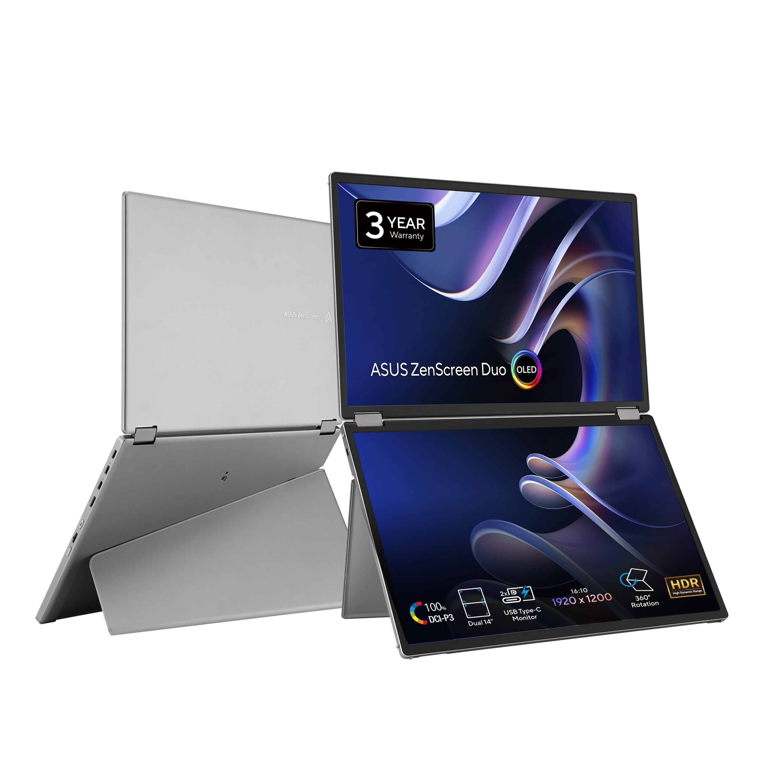 ASUS ZenScreen Duo OLED 360 Foldable Portable Monitor (MQ149CD) - Dual 14-inch, 16:10, 1920x1200, DisplayHDR400 True Black, 100%