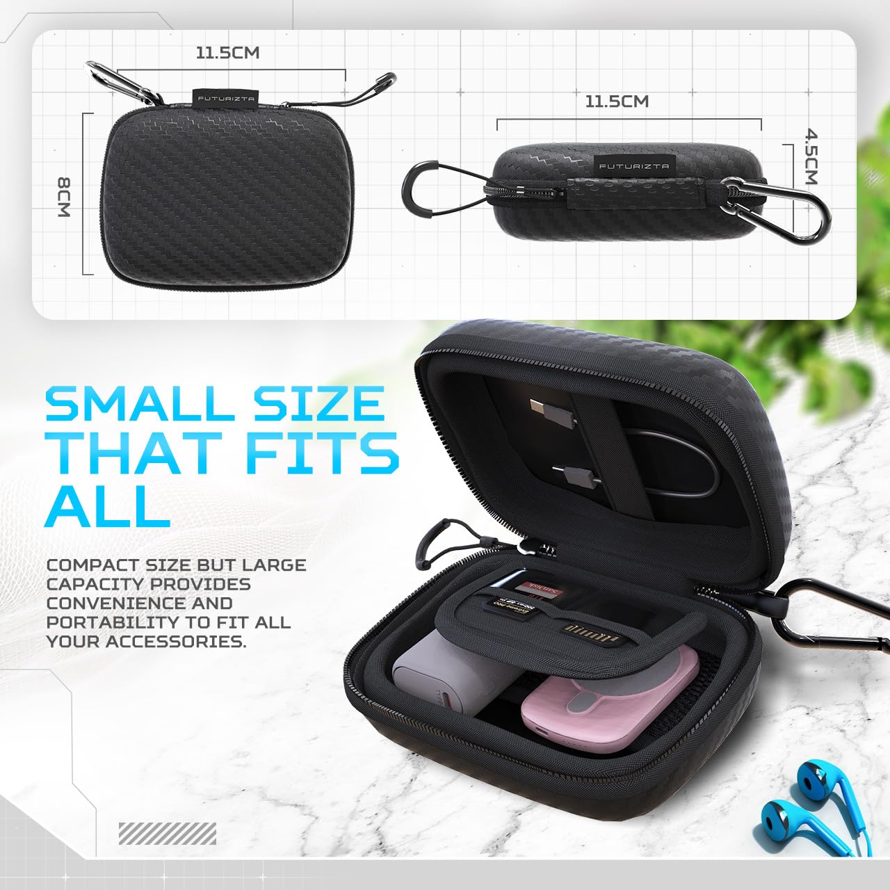 Futurizta Tech� Mini Hard Shell Eva Carrying Case Impact & Water Resistant With Carabiner, Sd Card Slot 9Cm X 13Cm For Mini Powerbank, Charger, Cable, Ssd And Earphones