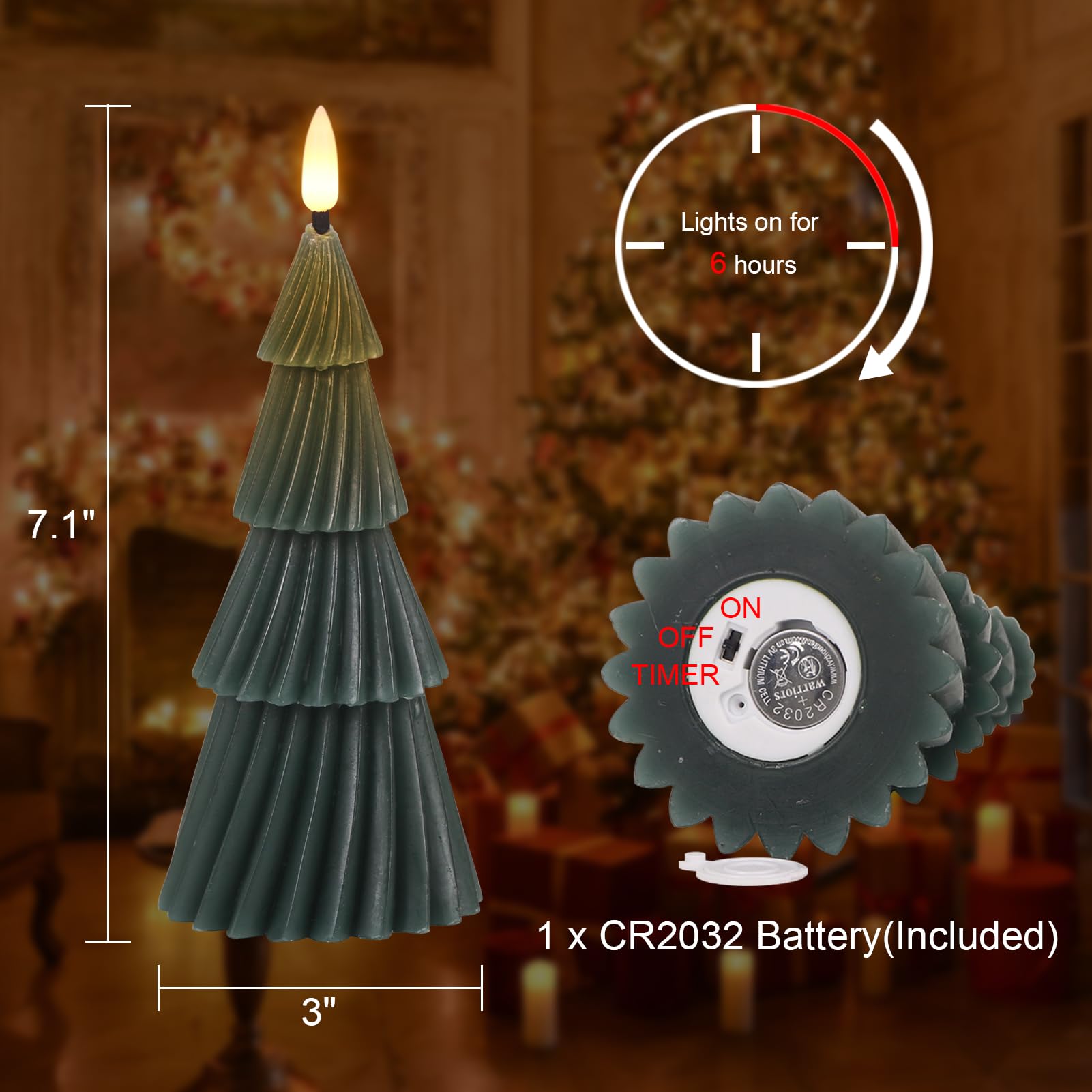 Wondise Christmas Tree Flameless Candles With 6Hrs Timer, Real Wax Battery Operated 3D Wick Led Candles Flameless Flickering Can