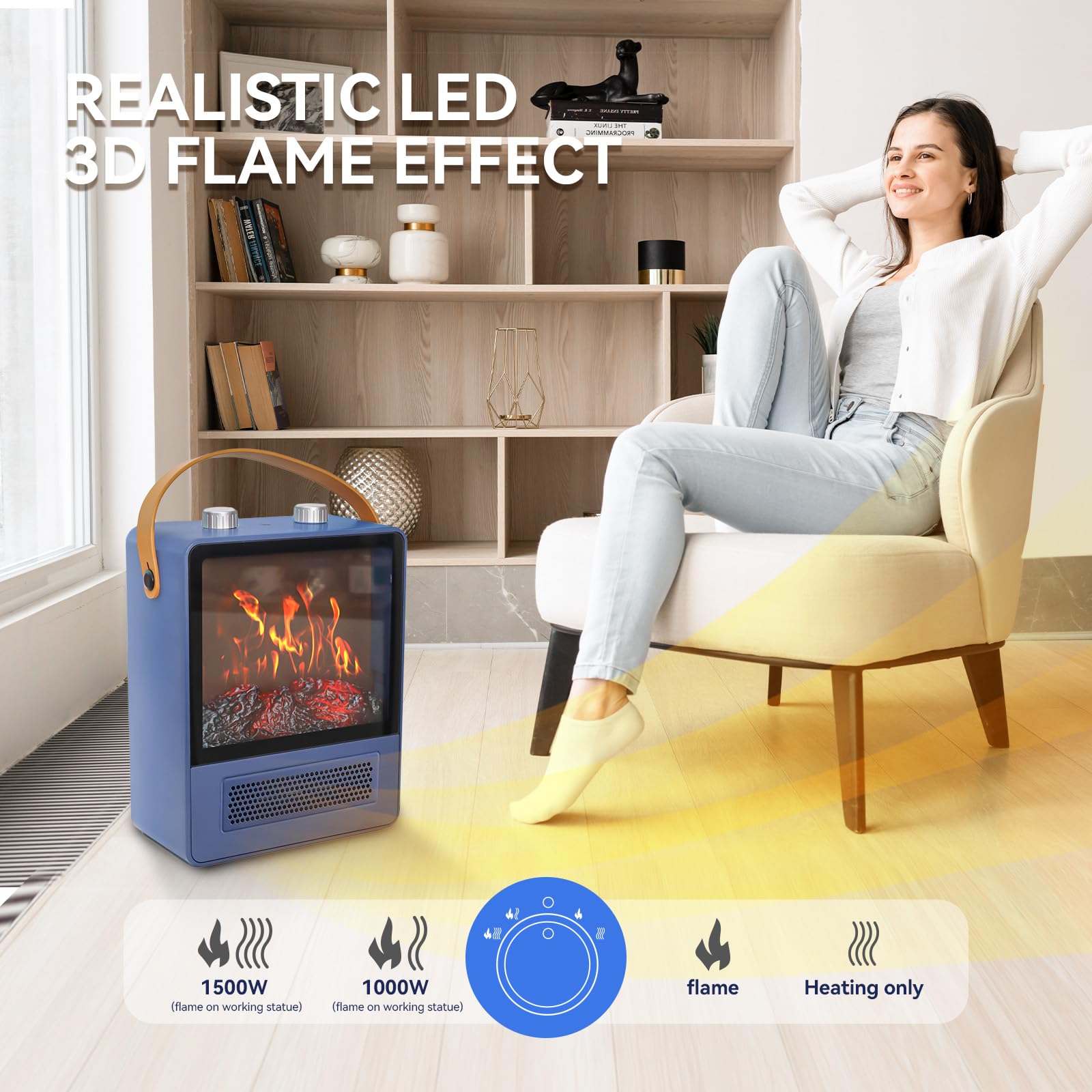Tempware Electric Fireplace Heater, 1500W Portable Space Heater, Fireplace With Realistic 3D Flame Effect And Overheating Safety