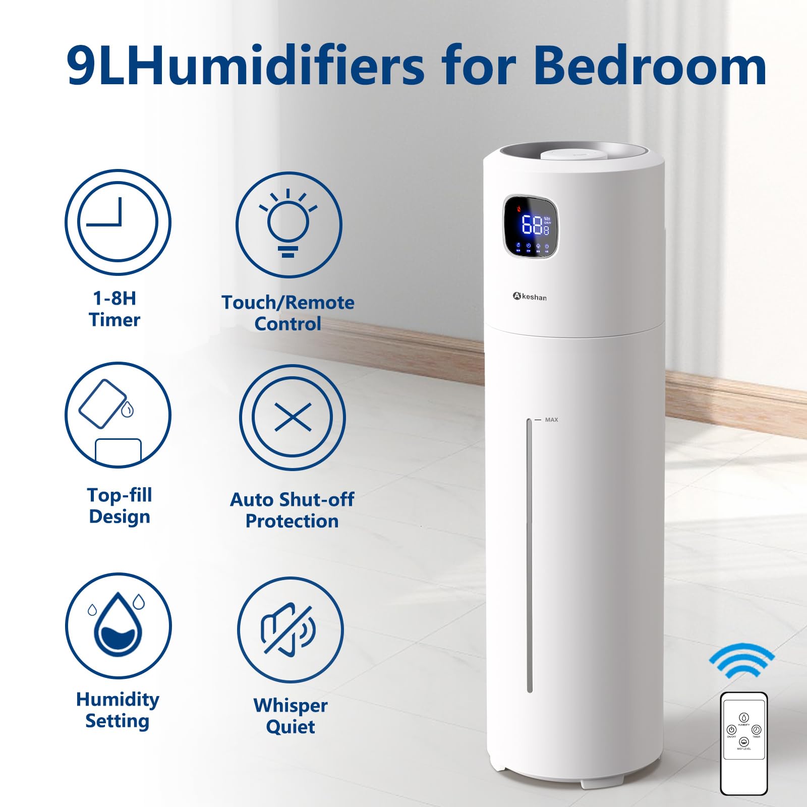 Large Humidifiers For Bedroom, 9L/2.5Gal Ultrasonic Cool Mist Humidifier, Easy Clean Humidifier With 350Ml/H Large Mist Speed, Q
