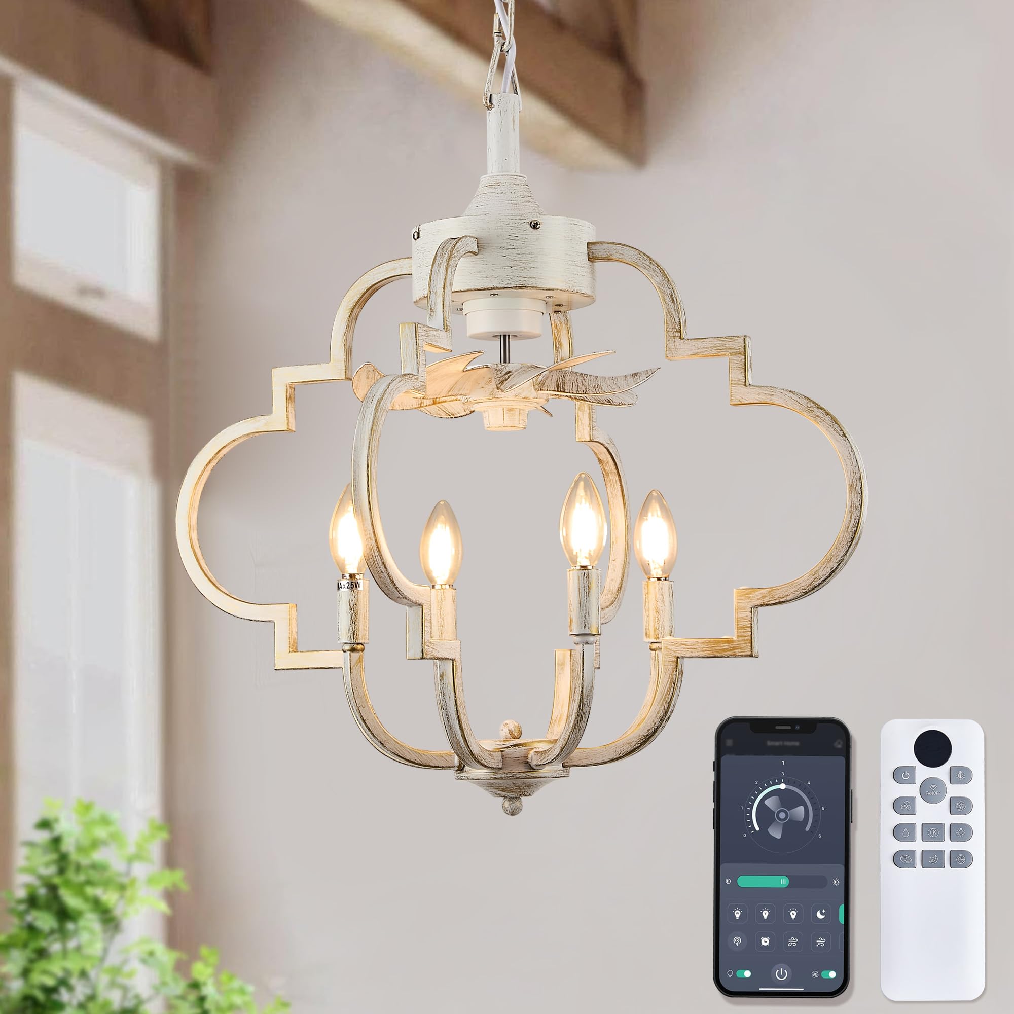 LVYEAYOU Chandelier Ceiling Fan, 23 Rustic Fandelier Ceiling Fan with Light, 4-Metal Rod Geometric Lantern Design, Vintage Hangi