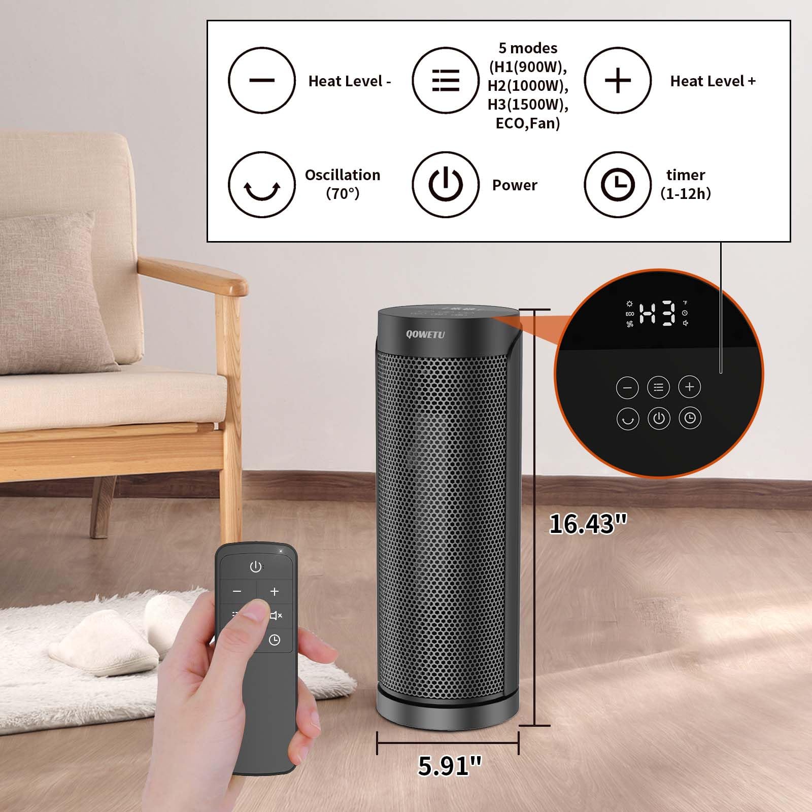 Portable Space Heater For Indoor Use With Remote   Qowetu 70 Oscillating Electric Heater, 17 Inchs, 12H Timer, 1500W Quiet Ptc C