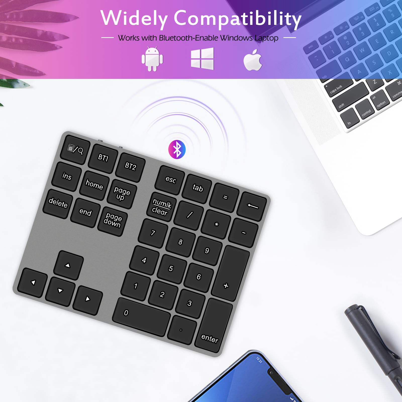 Foloda Bluetooth Number Pad: Wireless Bt Numeric Keypad, Multi Devices Rechargeable Usb C Numpad, 34 Keys Financial Accounting Extensions Data Entry Keyboard For Laptop, Pc, Imac, Macbook, Notebook