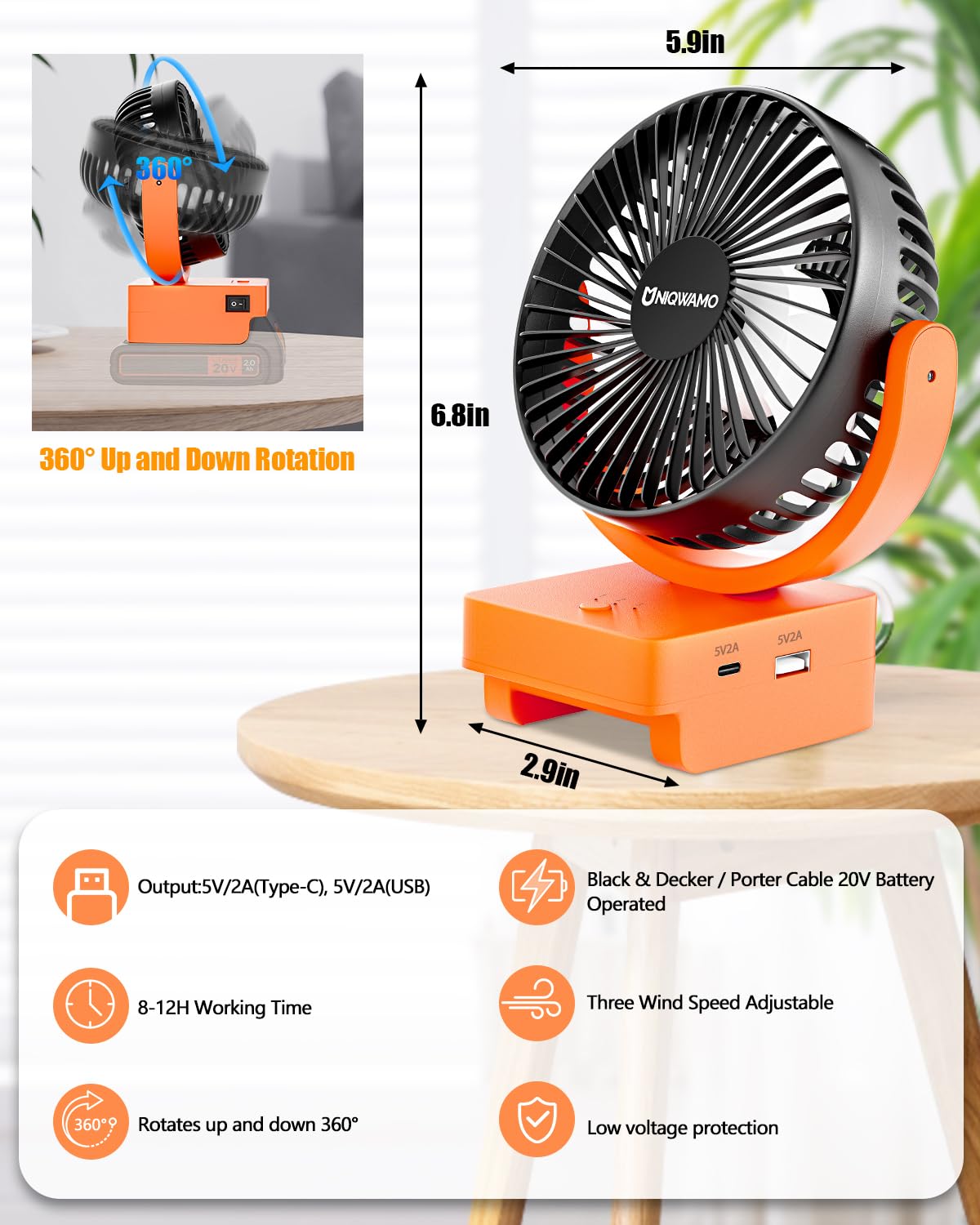 Rechargeable Jobsite Fan For Black & Decker/Porter Cable 20V Max Battery(Only Fan,No Battry), Portable Cordless Fan With 3 Speed