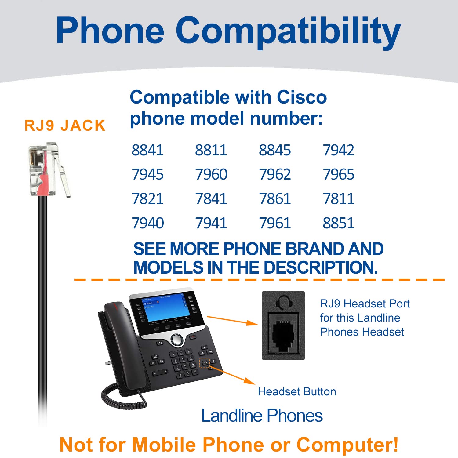 Rj9 Phone Headset For Office Phones With Noise Cancelling Microphone, Binaural Telephone Headsets Compatible With Cisco 8841 884