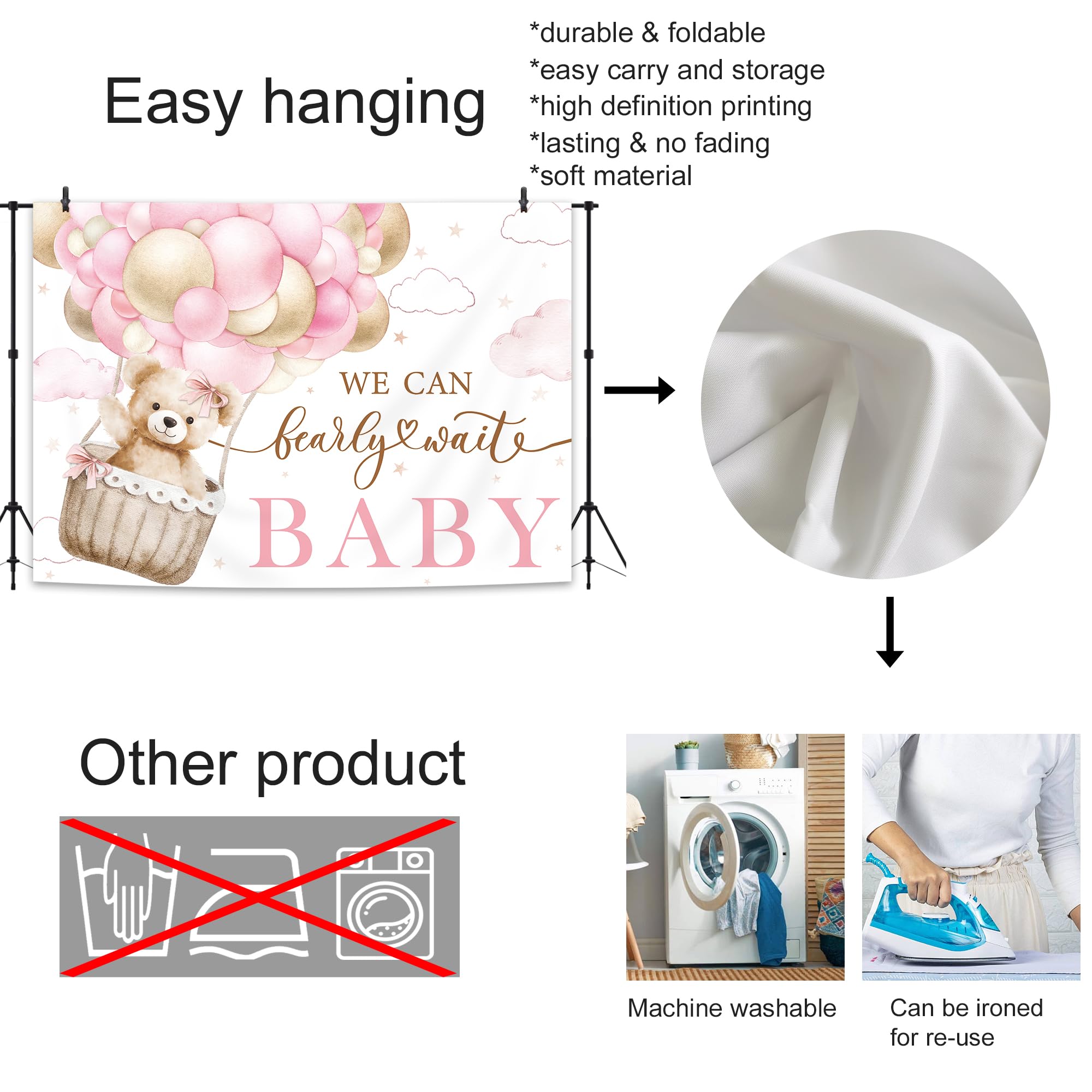 Glawry We Can Bearly Wait Baby Shower Decorations Backdrop For Photography 7Wx5H Feet Pink Cute Cartoon Bear Animal Hot Air Ball