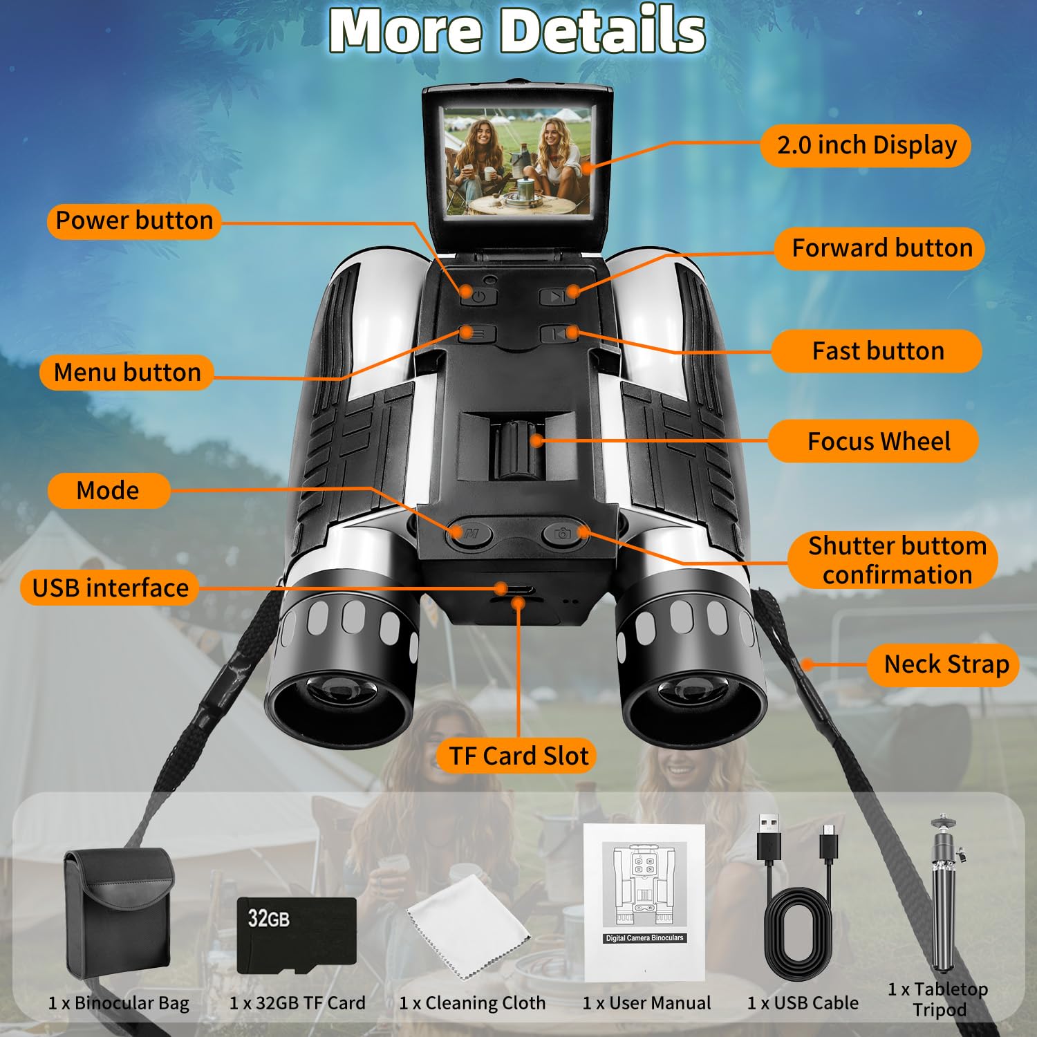 12X32 Binoculars For Adults, Digital Binoculars With Camera 5Mp Photo Full Hd Video 2 Lcd Display Screen With 32Gb Micro Sd Card