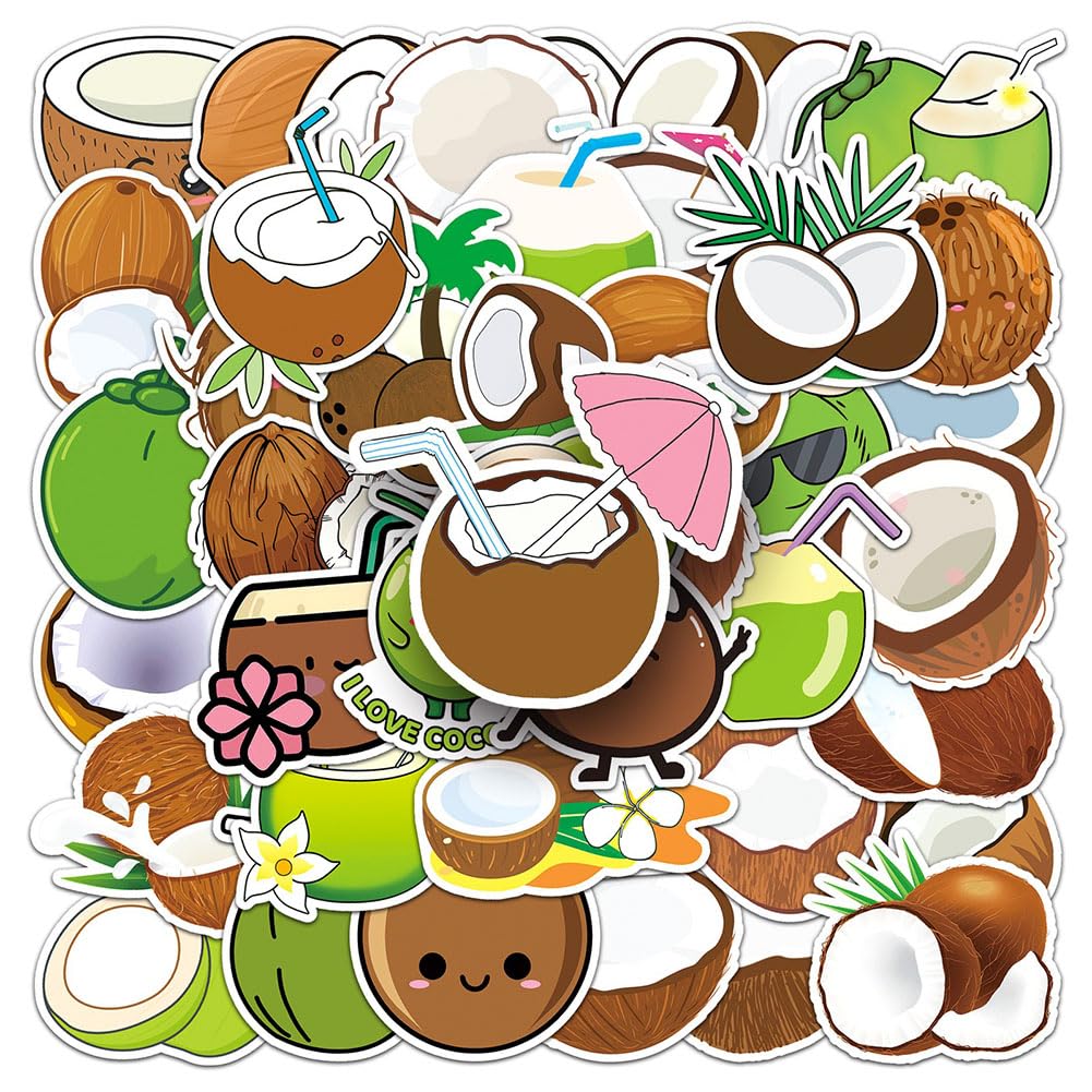 Coconut Stickers |50Pcs Coconut Waterproof Vinyl Decals For Water Bottles Laptop Luggage Cup Computer Mobile Phone Skateboard Gu