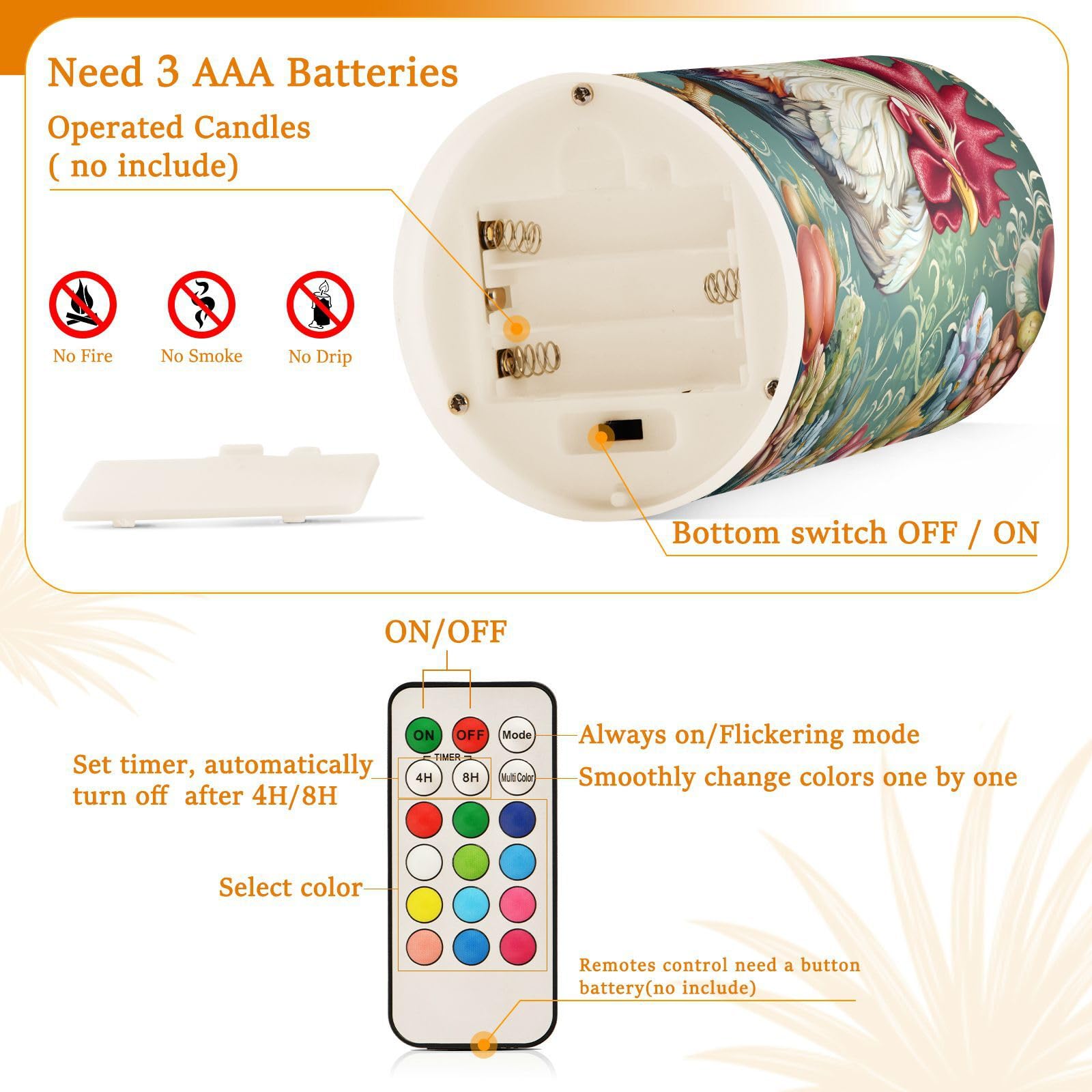 Alaza Chicken Rooster Flickering Flameless Candles Battery Operated With Remote Timer,Tea Light Candles Led Pillar Votive Candle