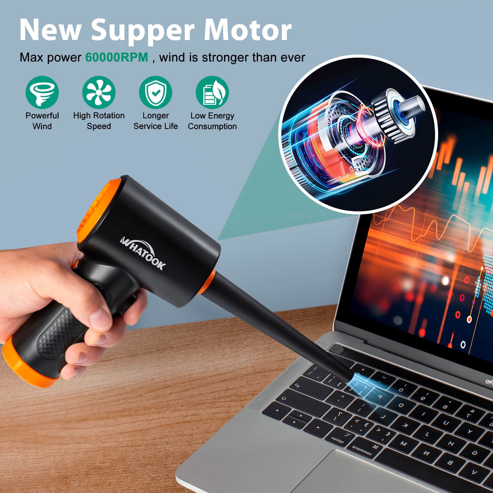 Compressed Air Duster Reusable Electric Air Duster 3 Speeds 60000 Rpm With Led Light Canned Air Replacement For Keyboard Cleanin