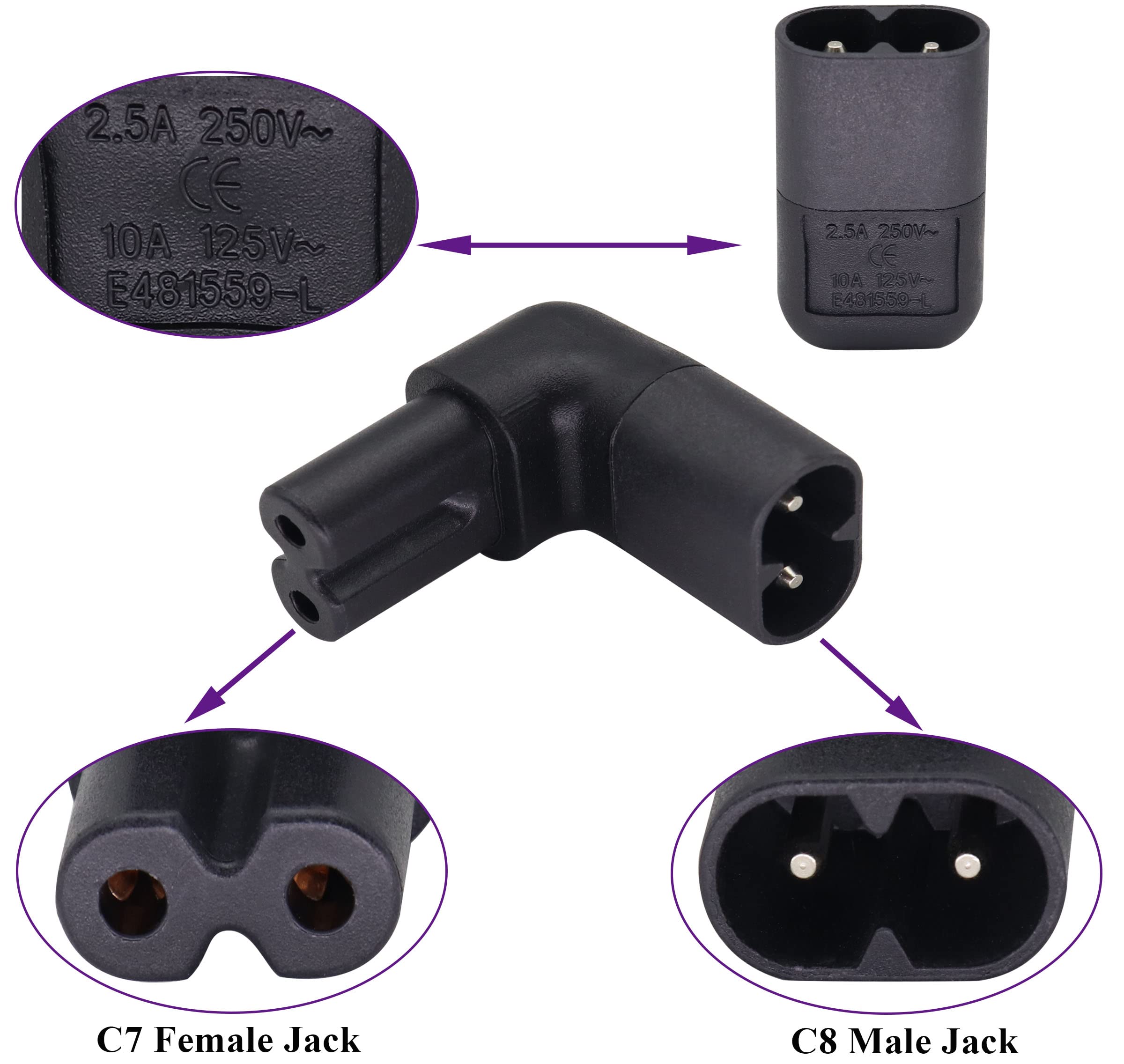 Aaotokk(2 Pack Right Angle Iec320 C8 To C7 Ac Adapter 2.5A 250V Up&Down 90 Degree Figure 8 Female To Male Ac Power Extender Iec