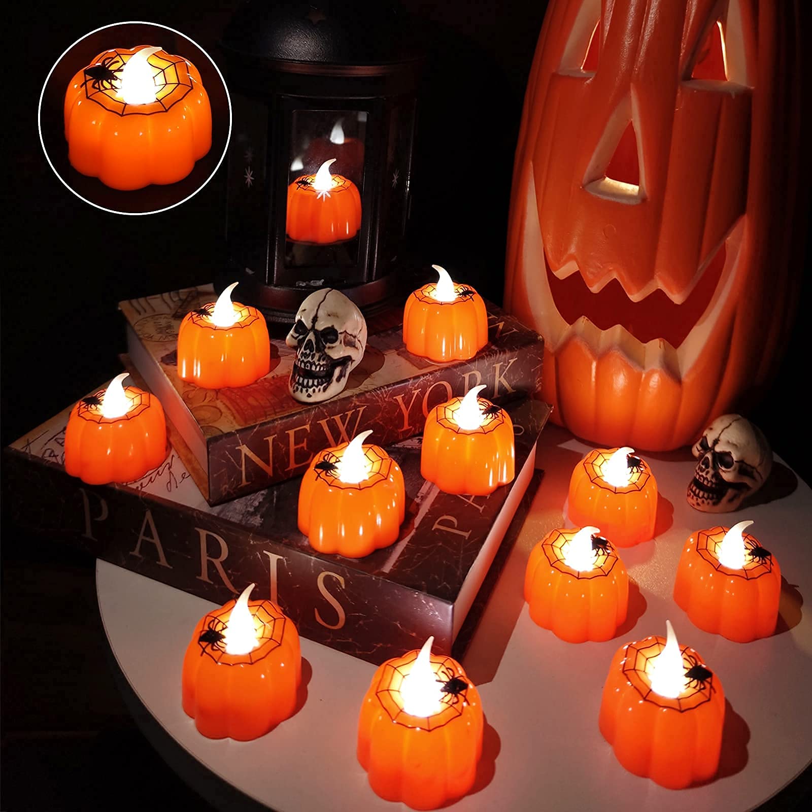 Turnmeon 12 Pack Halloween Pumpkin Tealights Candles With Spider Web Decor, Led Pumpkin Lights, Flame Less Candle Battery Operat