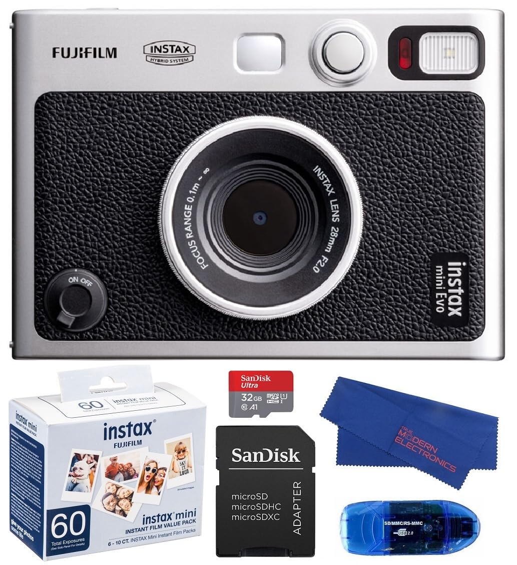 Fujifilm Instax Mini Evo Hybrid Instant Camera (Black) Bundle, Includes: 60 Instax Mini Film (60 Exposures), Sandisk 32Gb Micros