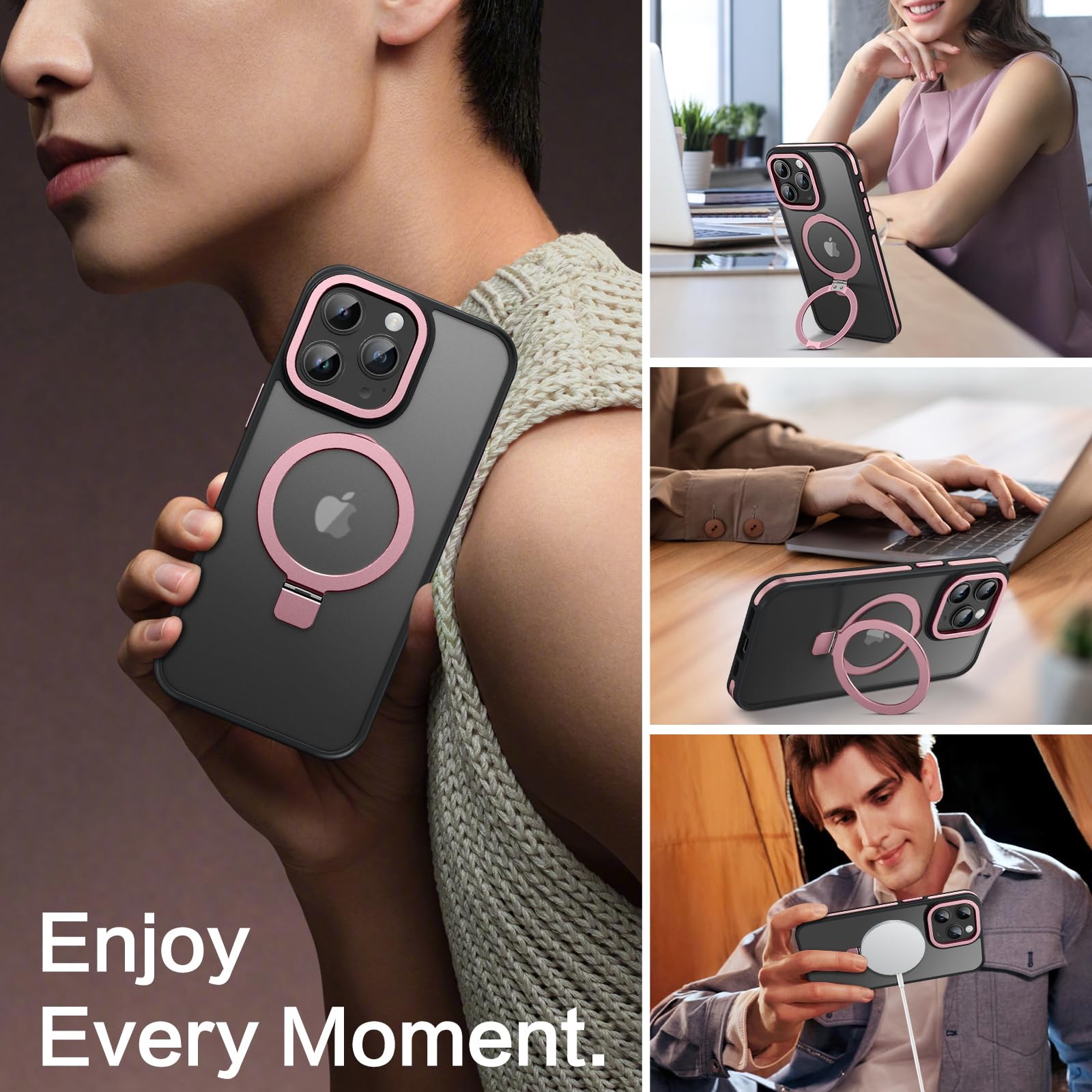 Veningo Iphone 15 Pro Max Case, Magnetic Slim Fit Magsafe Translucent Matte Car Mount Supported Foldable Ring Holder Kickstand S