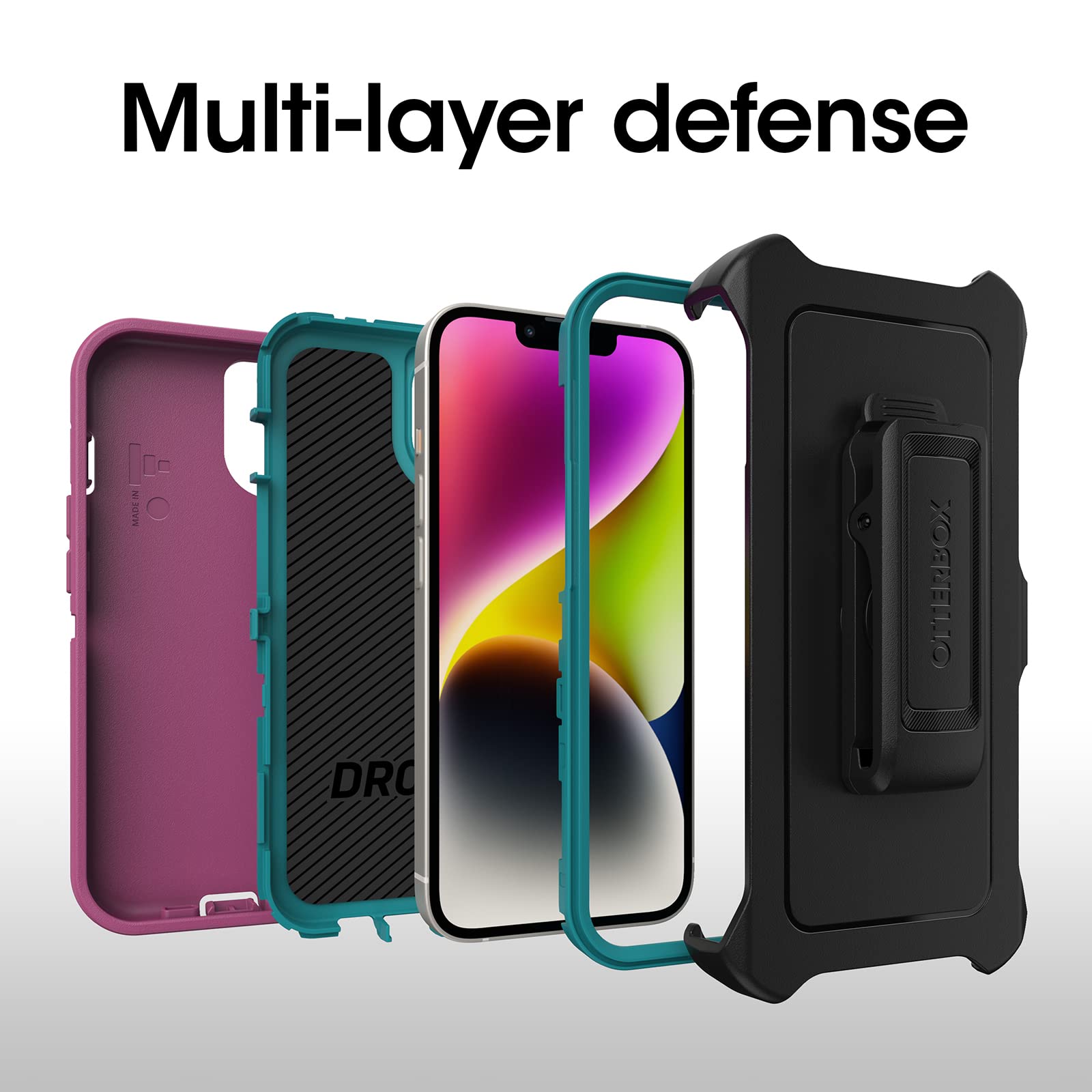 Otterbox Iphone 14 Plus Defender Series Case   Canyon Sun (Pink), Rugged & Durable, With Port Protection, Includes Holster Clip