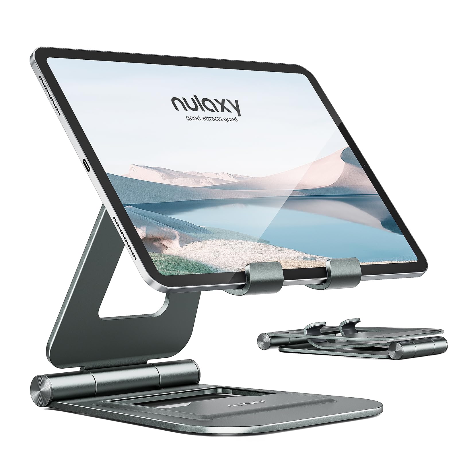 Nulaxy Aluminum Dual Foldable Ipad Stand, Fully Adjustable Desktop Tablet Holder, Ipad Accessories For Office Kindle Compatible With Mobile Devices Ipad Pro/Air/Mini, Iphone Pro/Max/Plus, Gray