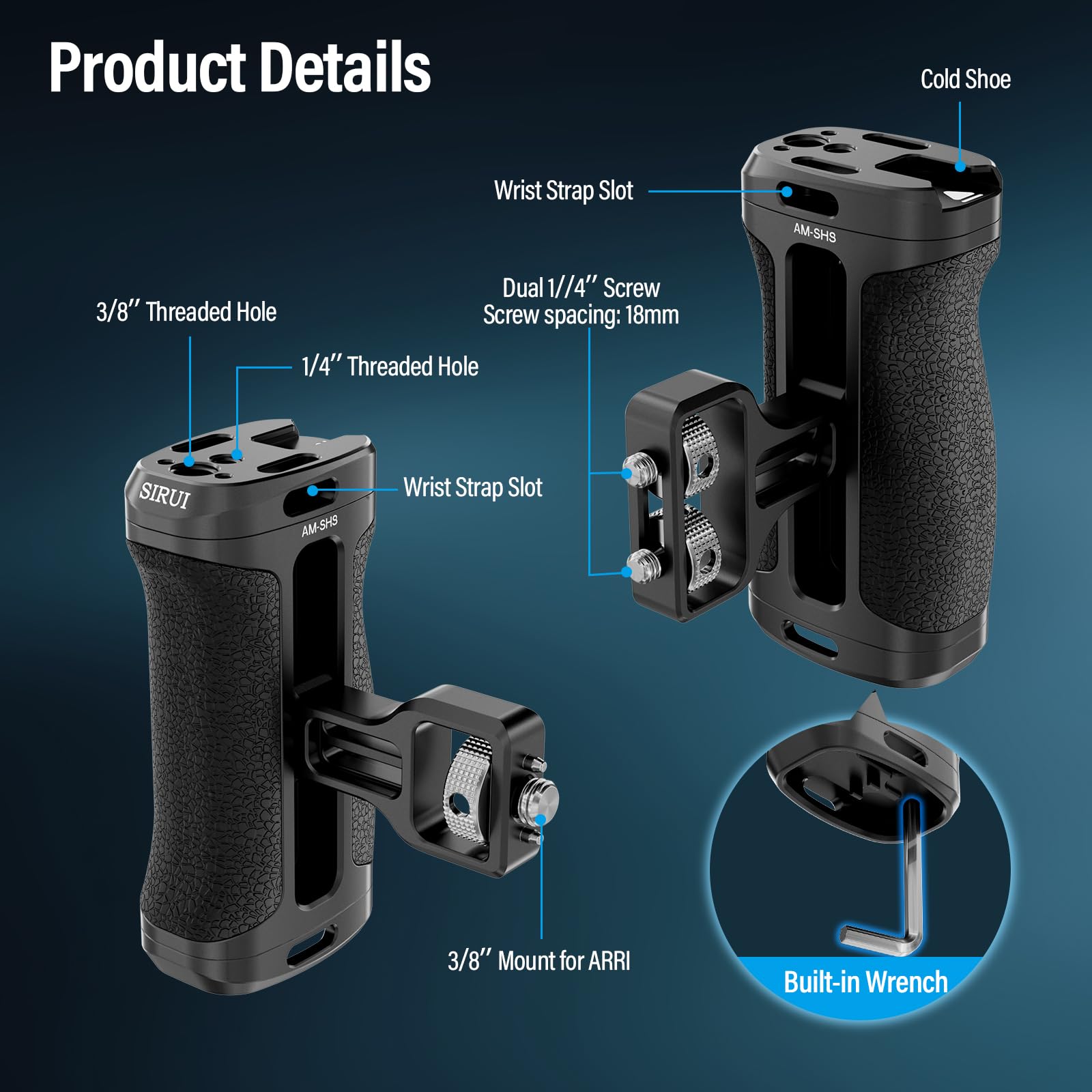 Sirui Side Handle With Locating Mount For Arri And Dual 1/4' Screw Mount Optional, Lightweight Camera Handgrip With Cold Shoe, Multiple Threads, Up And Down Adjustable Side Grip, Am Shs(Pack Of 1)