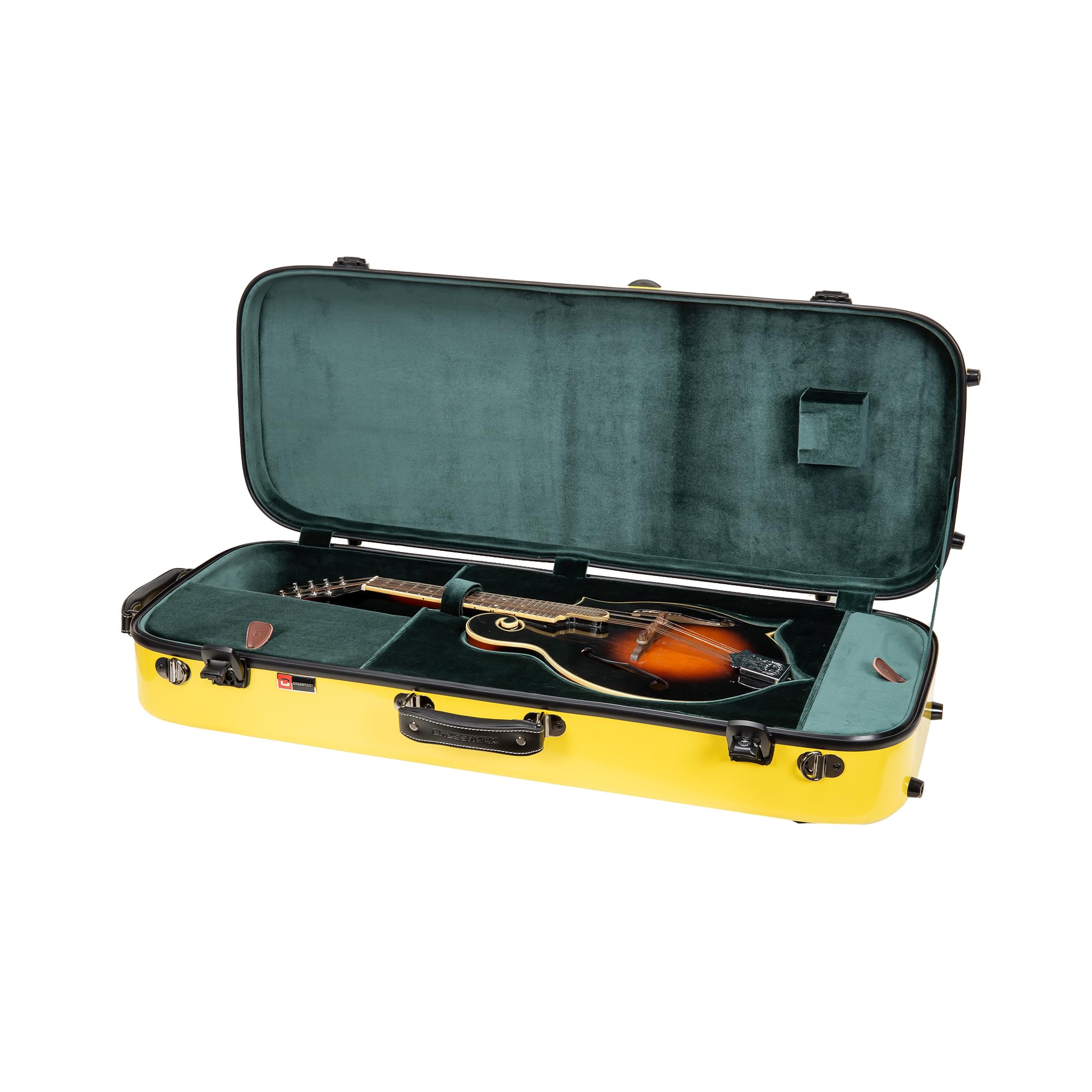 Crossrock Fiberglass Mandolin Case - Oblong for F-Style (Fits Gibson F5) | Yellow Gloss Finish, Forest Green Velvet, TSA Lock, H