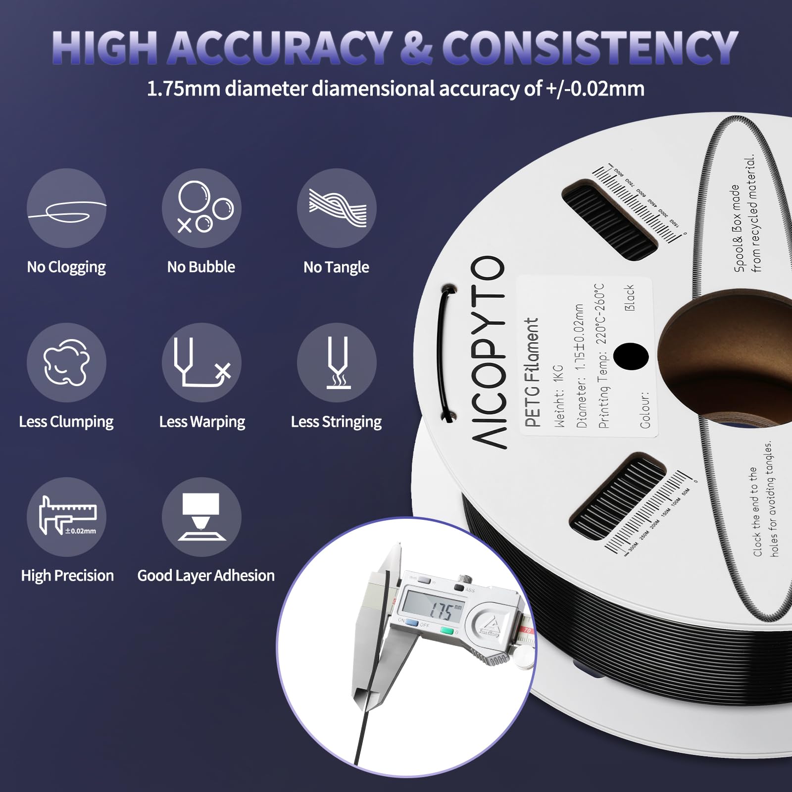 Aicopyto Black Petg Filament 1.75Mm, 3D Printer Petg Filament 1Kg Spool (2.2Lbs) Dimensional Accuracy +/- 0.02Mm, Filament Fit M