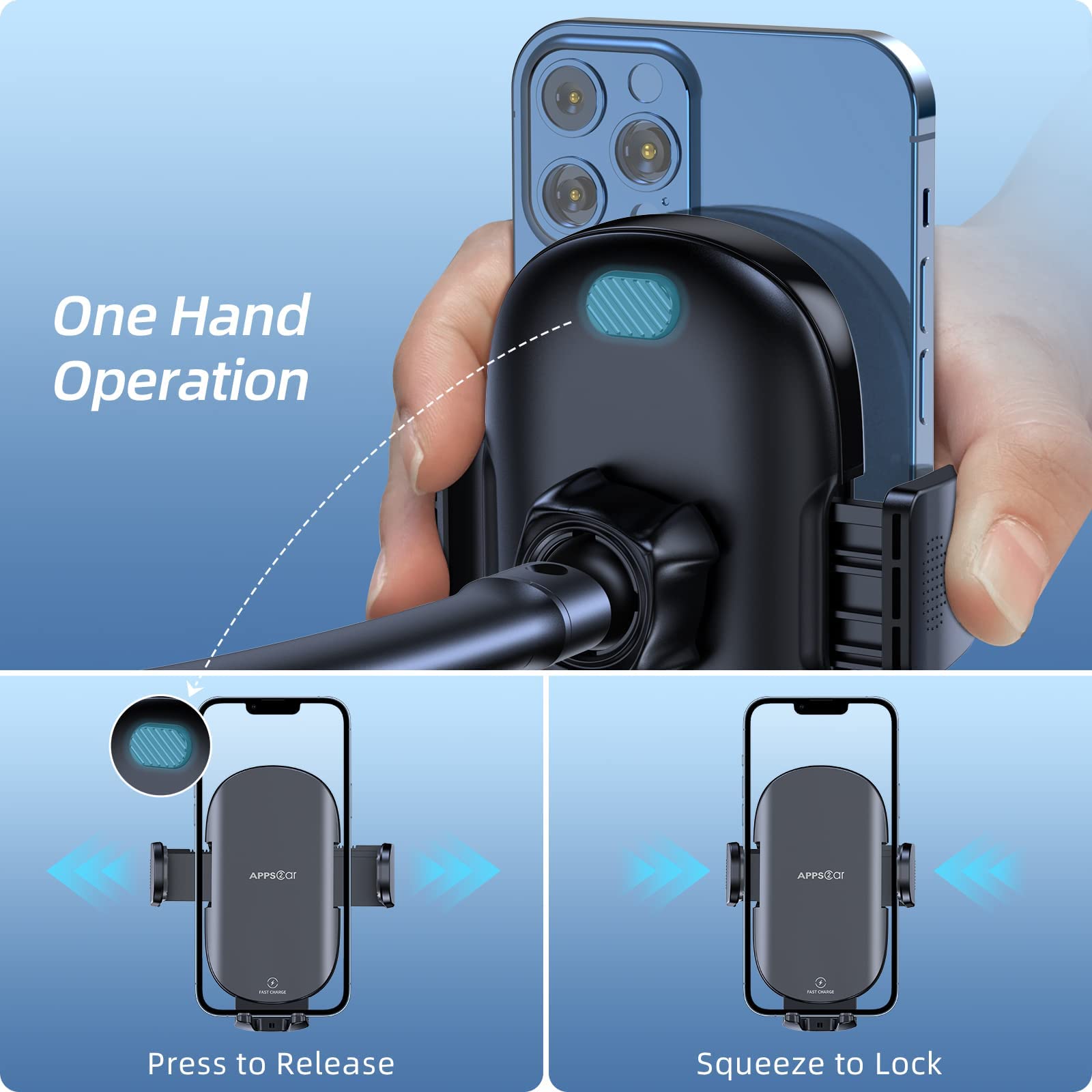 Apps2Car Wireless Car Charger 15W Fast Charging Car Phone Holder Charger Wireless Car Charger Mount For Dashboard Windshield Air