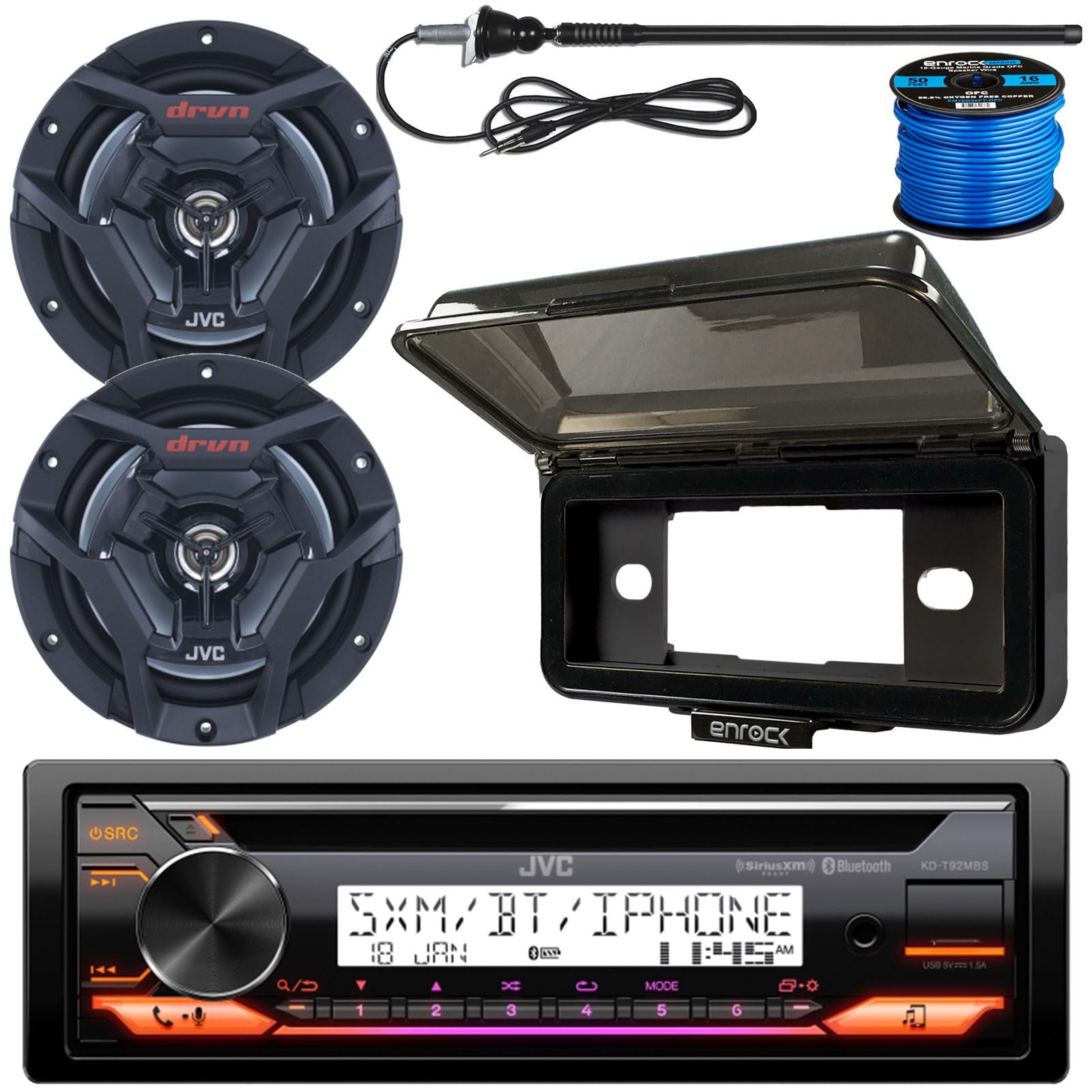 Single Din Marine Bluetooth Usb Aux Am/Fm Radio Cd Player Receiver Bundle Combo With 2X 6.5 150W 2-Way Black Waterproof Boat Aud