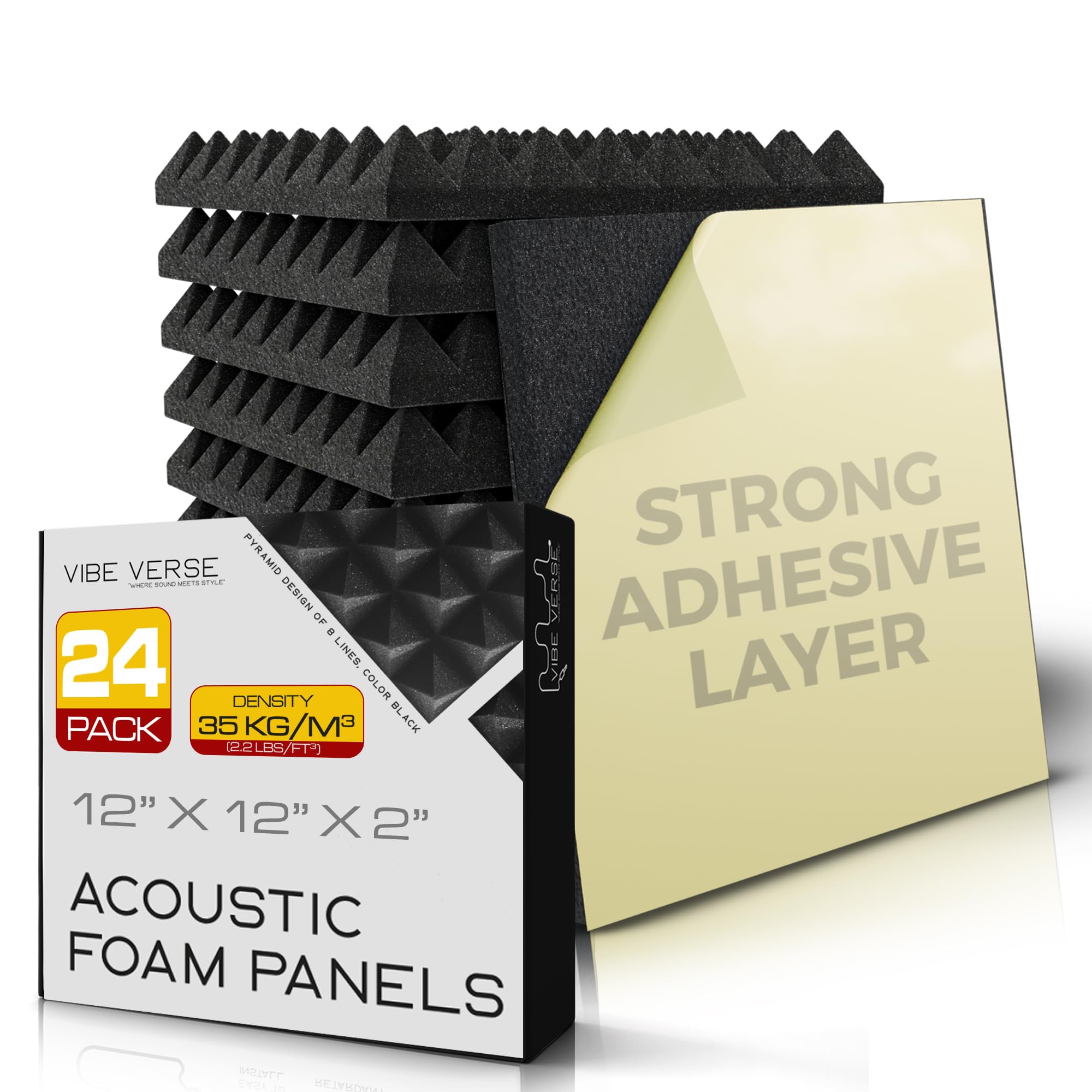 VibeVerse - 24 pack Self Adhesive Acoustic Foam Sound Absorption Panels, 12 x 12 x 2, Black Pyramid of 8 lines Design, 35 Kg/m3 