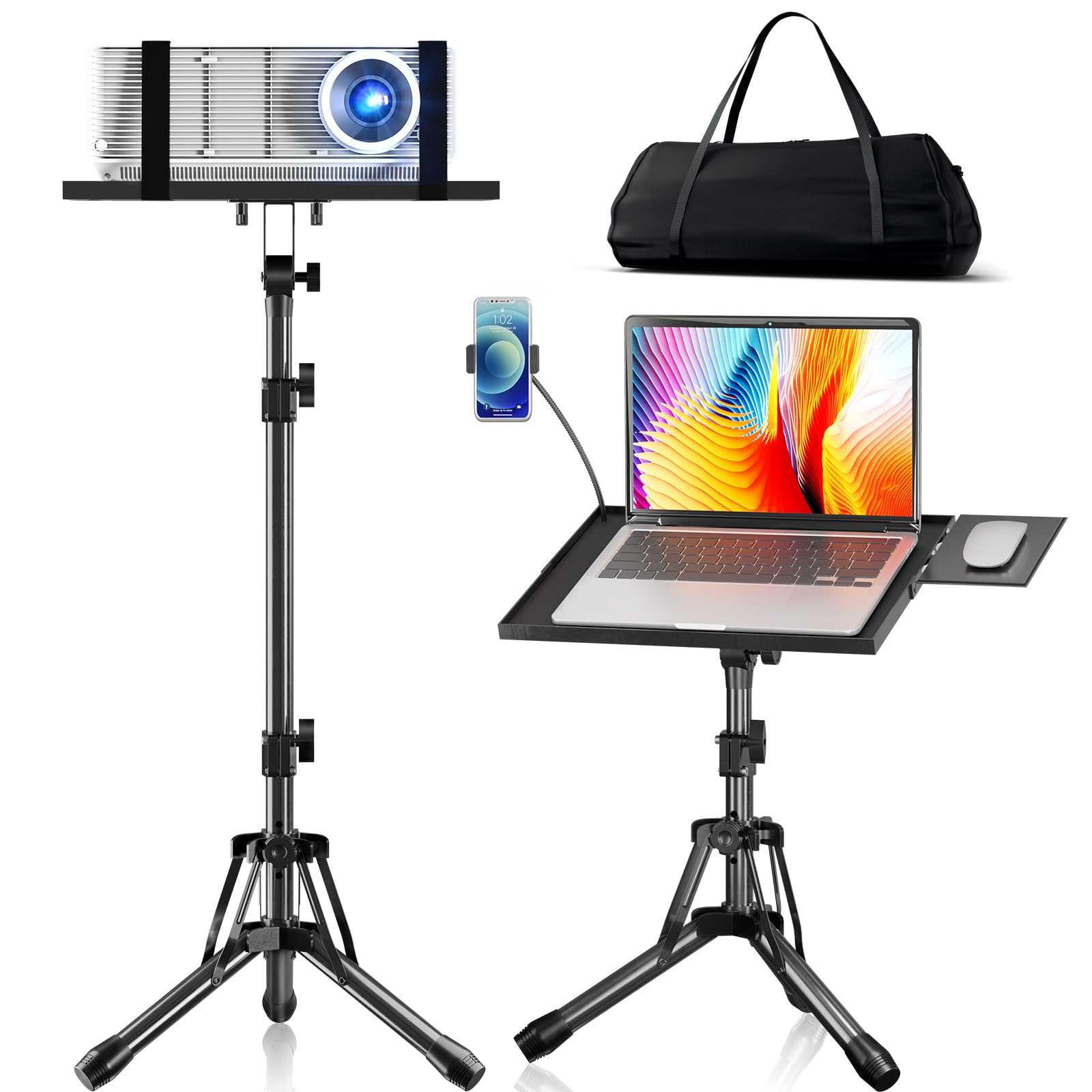 Projector Stand Adjustable Height 20'' To 61'', Foldable Laptop Tripod Stand With Mouse Tray & Phone Holder, Portable Laptop Flo