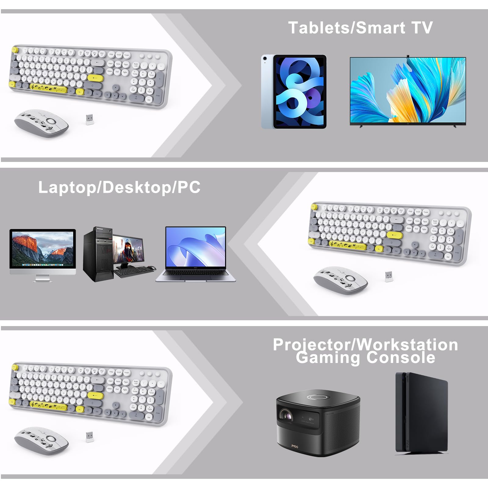 Wireless Keyboard Mouse Combo,Retro Typewriter Keyboard With Round Keycaps,2.4G Wireless Full Size Office Keyboard And Cute Mous