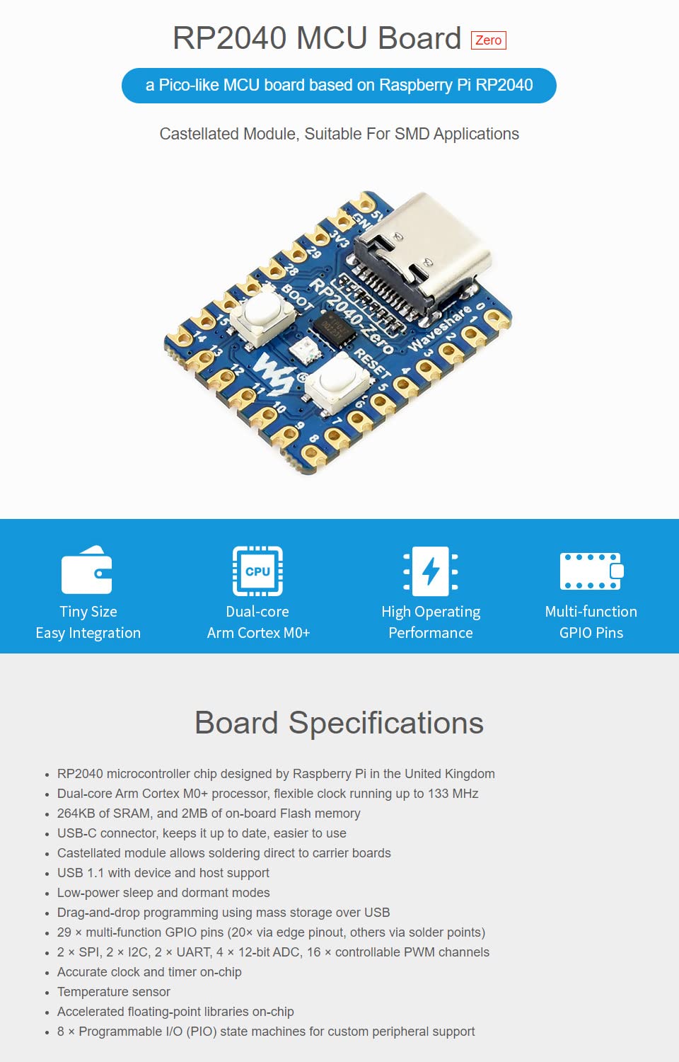 Waveshare Rp2040 Zero A Low Cost High Performance Pico Like Mcu Board Based On Raspberry Pi Microcontroller Rp2040 Castellated M