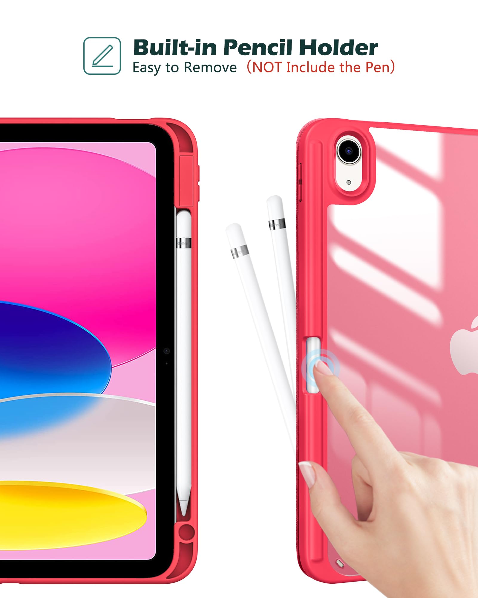 Procase For Ipad (A16) 11Th Generation 11 Inch 2025/10Th Generation 10.9 Inch 2022 Case With Pencil Holder, Hybrid Ipad 11 10 Case With Clear Back, Supports Auto Wake/Sleep  Red