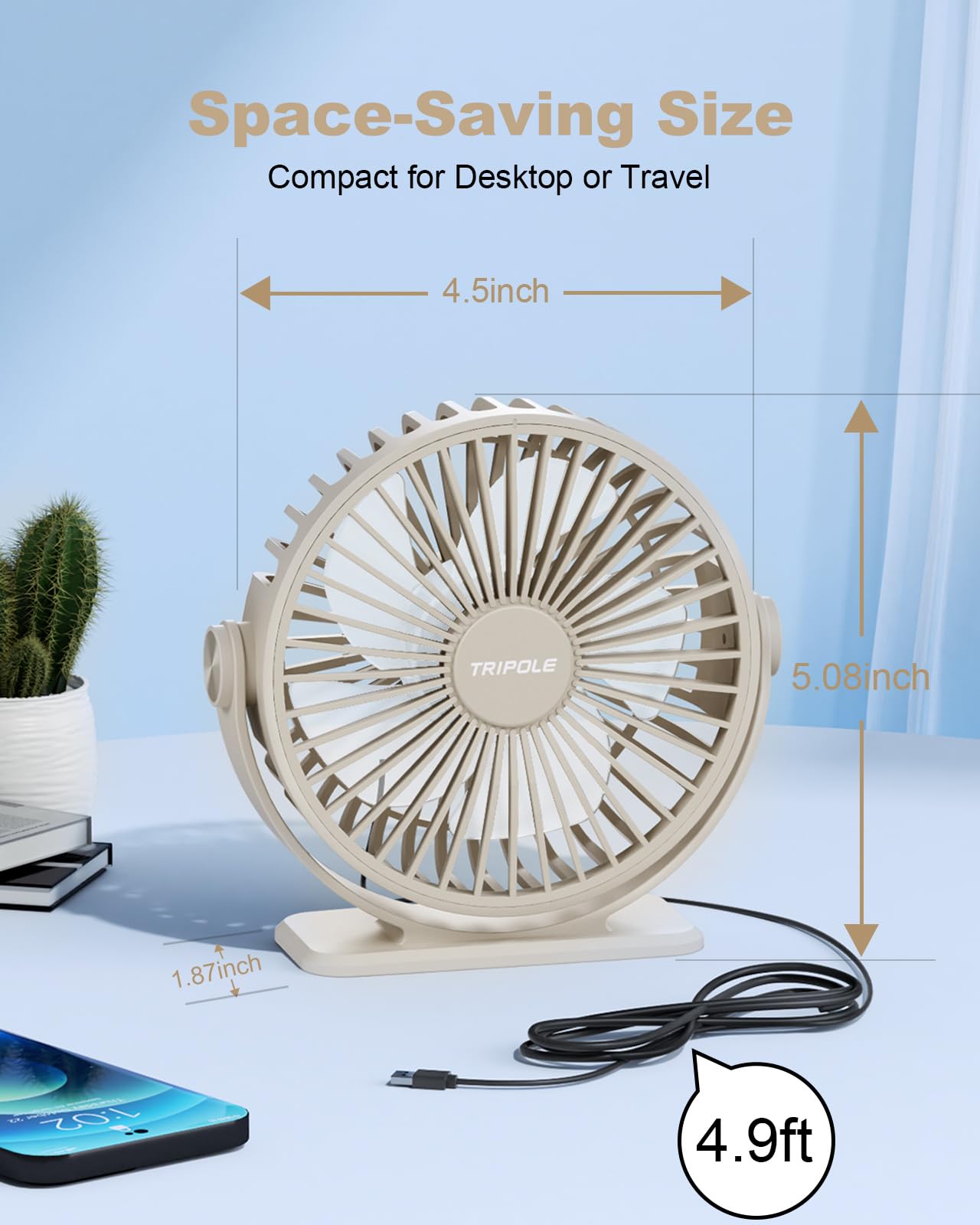 Tripole Usb Desk Fan Small Portable Personal Fan, 3 Speeds Adjustable Strong Breeze Mini Electric Fan, 360 Rotation Quiet Plug I