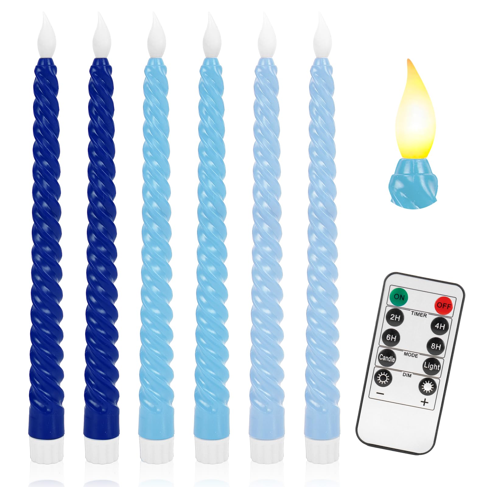 Whaline 6Pcs Blue LED Flameless Taper Candles with Remote Battery Operated Spiral Candles Electric Candle Boxed for Home Party T