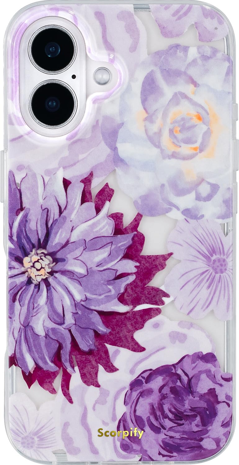 Scorpify For Iphone 16 Case [Compatible With Magsafe] With Purple Zinnia Floral Design, Cute Clear Magnetic Phone Cover For Wome