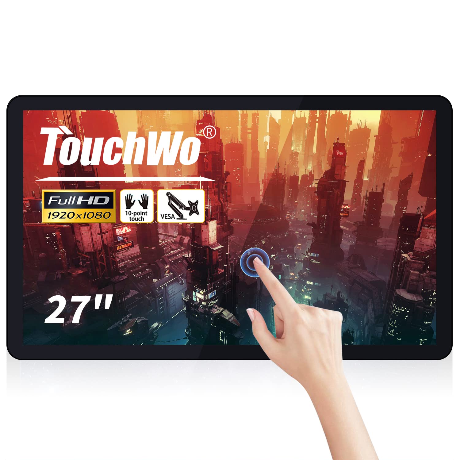 TouchWo 27 inch Capacitive Multi-Touch Screen Industrial Monitor, 16:9 Display 1920 x 1080P, Built-in Speakers, VGA, DVI & HDMI