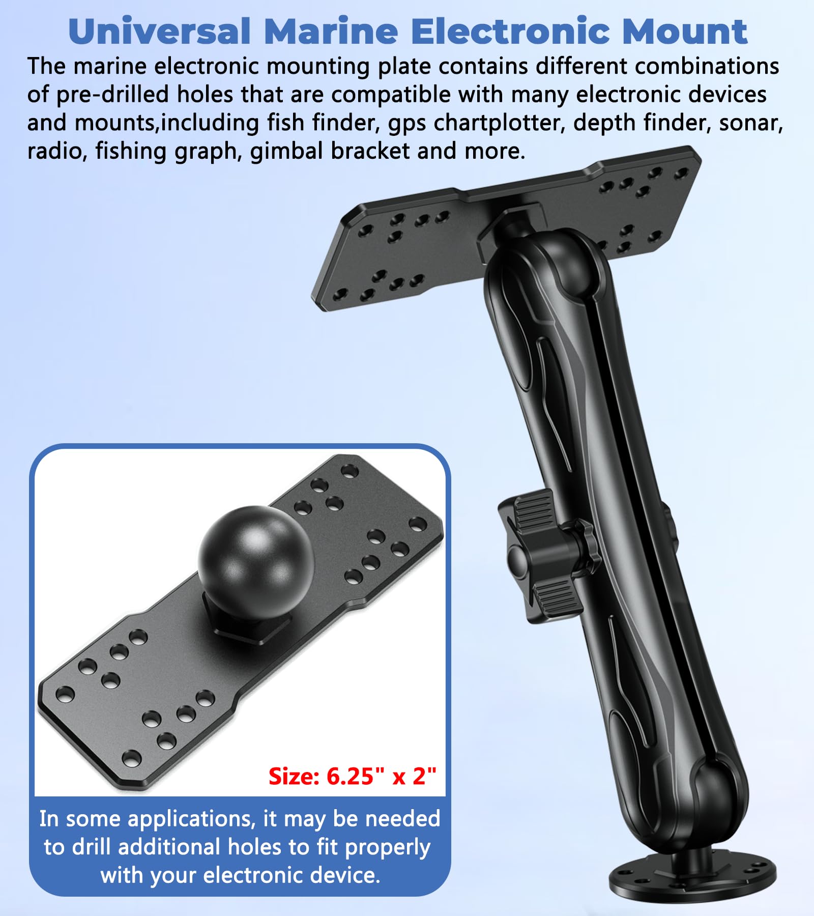Vazeswin Aluminum Alloy Fish Finder Mount With C Size 1.5'' Ball Rectangle Plate & Round Base, 9.1'' Long Arm Marine Electronic