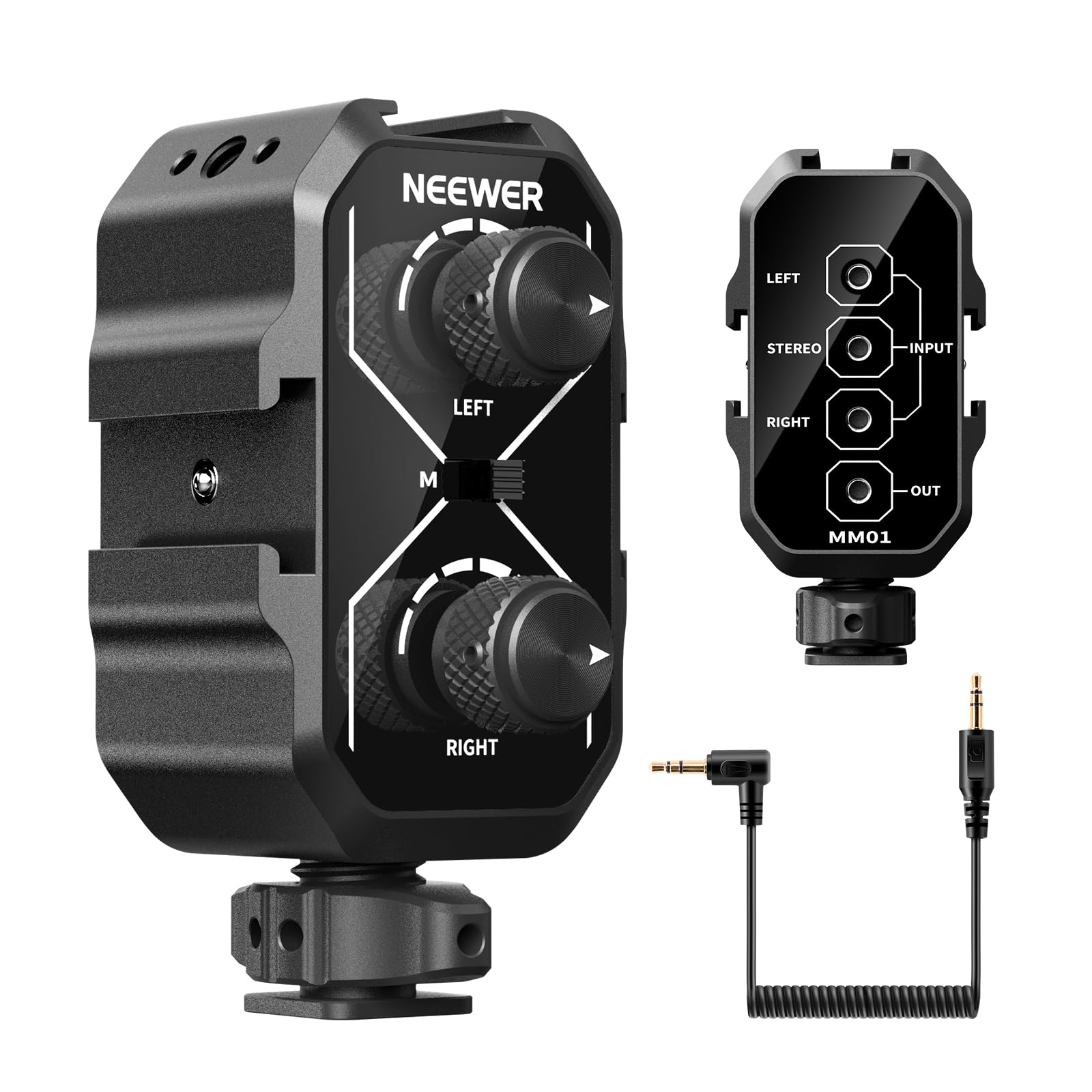 NEEWER MM01 Dual Channel Microphone Audio Mixer Adapter with 3.5mm TRS Cable, Stereo/Mono Switch, Cold Shoe Mounts for DSLR Came