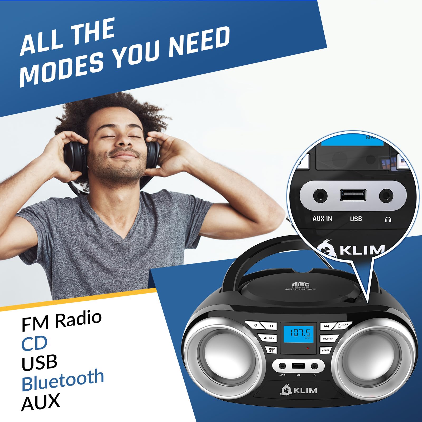Klim B3 Portable Cd Player Boombox With Fm Radio, Bluetooth, Usb, Aux, And Fm Radio   Cd Players For Home   Dual Speakers, Eq So