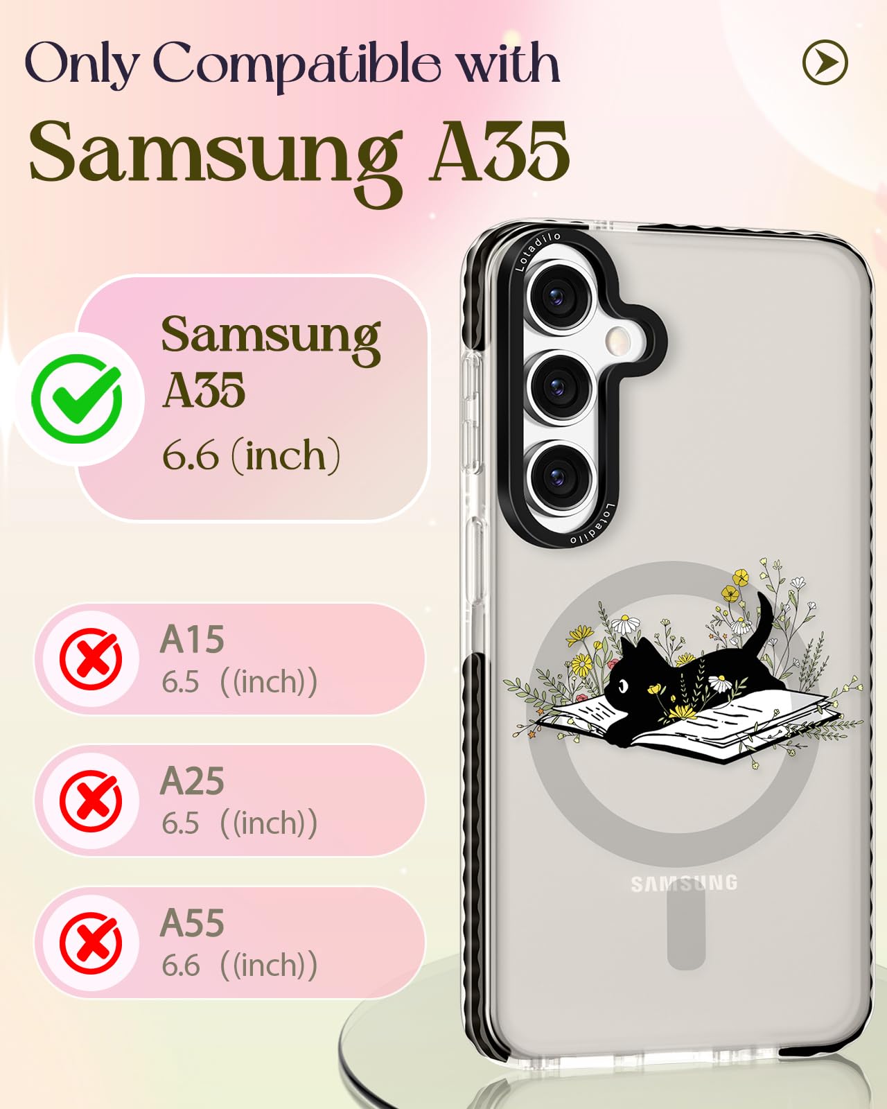 Lotadilo For Samsung Galaxy A35 5G Case For Women - Girls Cute Design Compatible With Magsafe Magnetic Ring Holder Stand Cat Flo