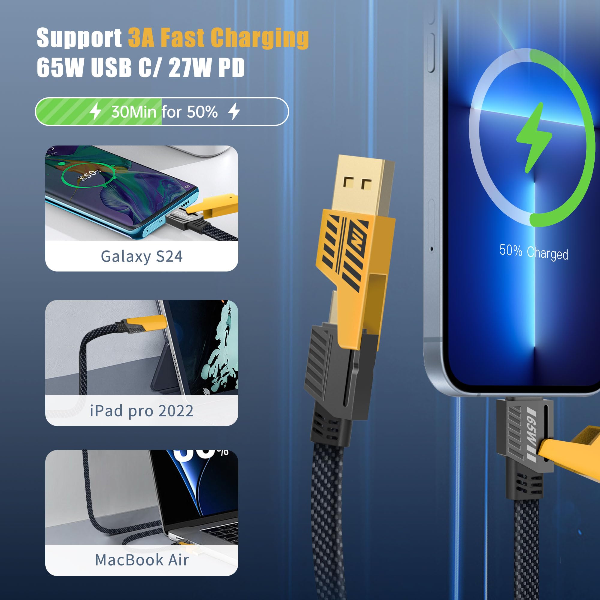 Yish Multi Charging Cable 4 In 1, 6Ft Fast Charging Cable Universal Charging Cord With Type C Usb A Port Pd 65W, Flat Nylon Brai