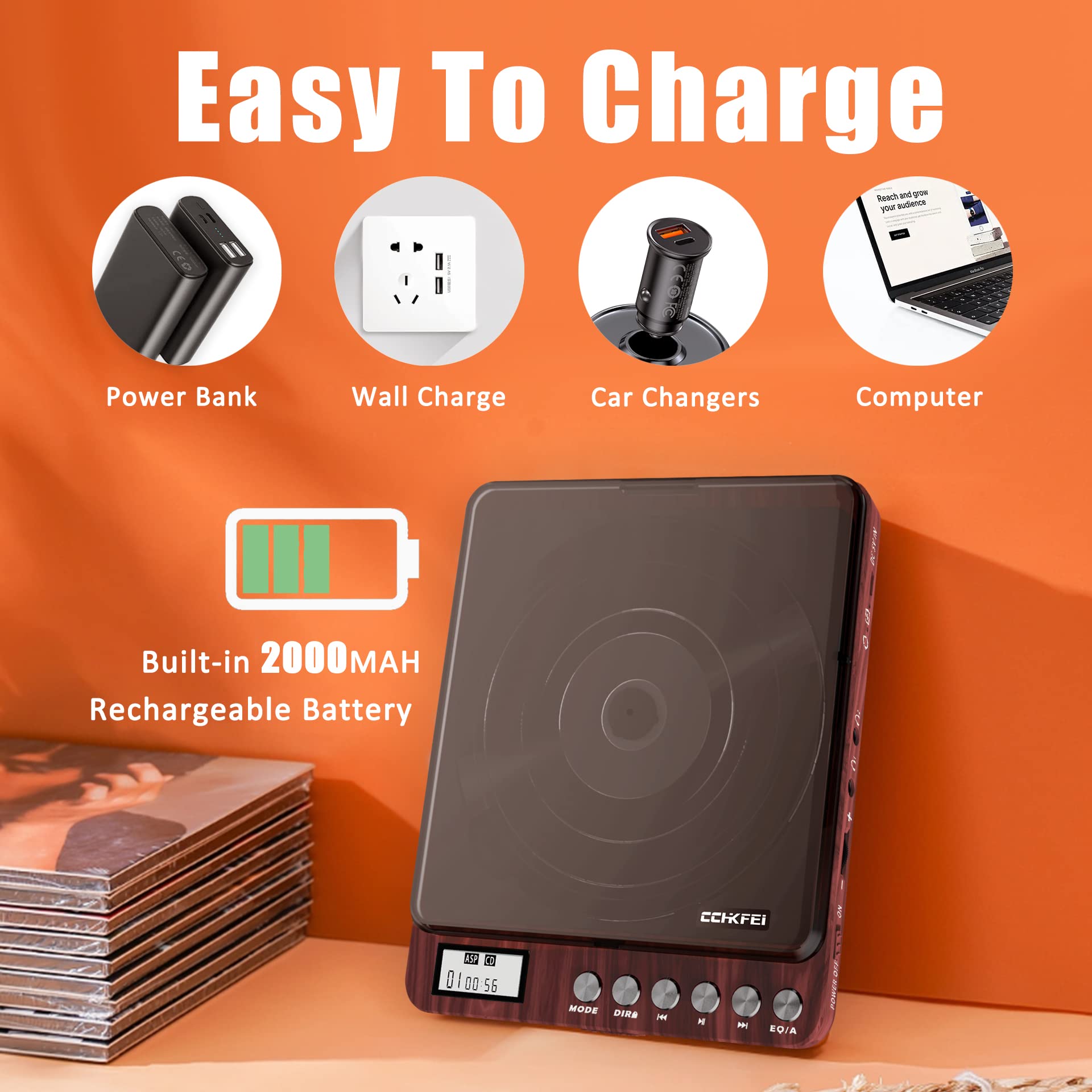 Portable Cd Player With Speakers 2000Mah Rechargeable Walkman Cd Player Portable With Double 3.5Mm Headphones Jack,Small Anti Sh